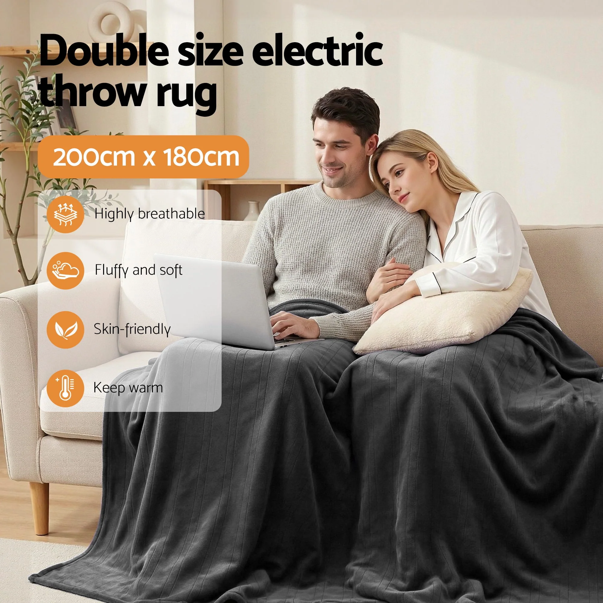 Giselle Electric Throw Rug Double Size 200x180cm Coral Fleece Heated Blanket (Grey) - Image 5