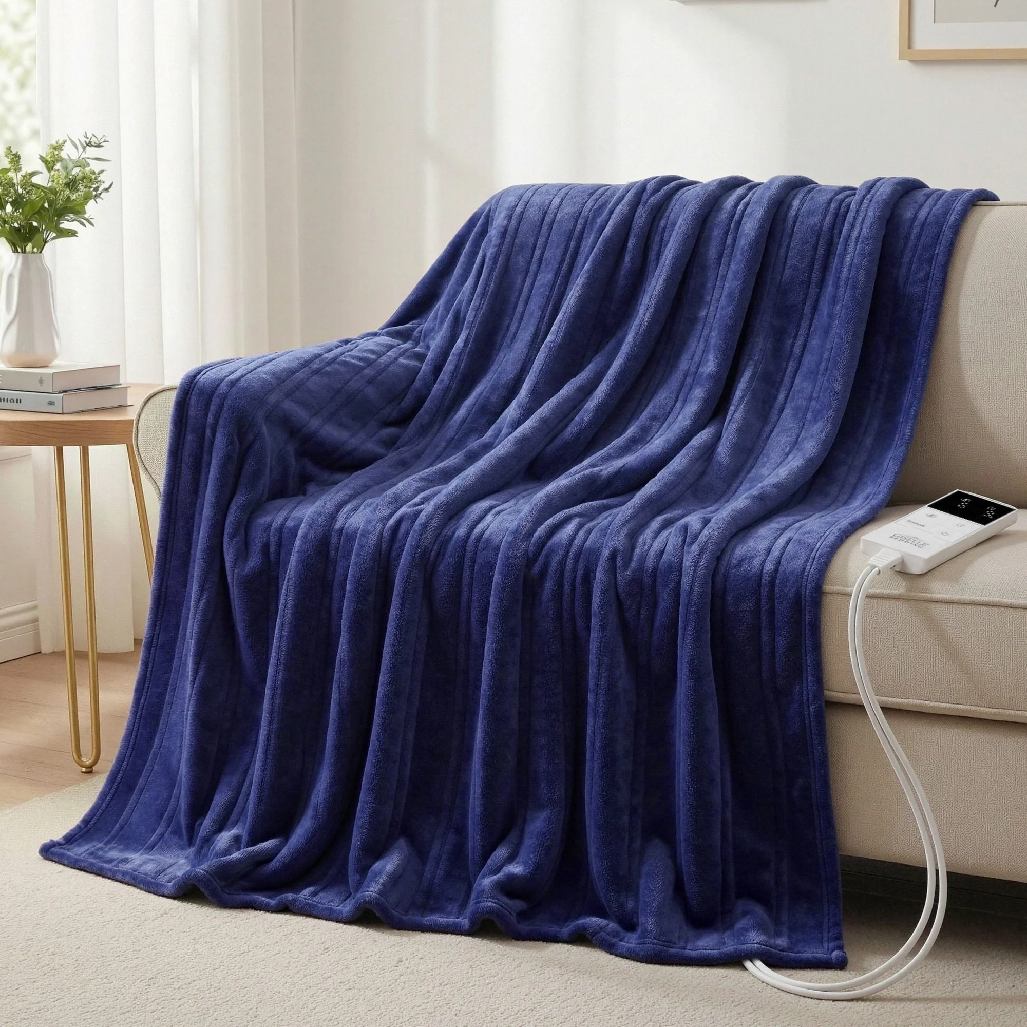 Giselle Electric Throw Rug Double Size 200x180cm Coral Fleece Heated Blanket (Navy Blue) - Image 2