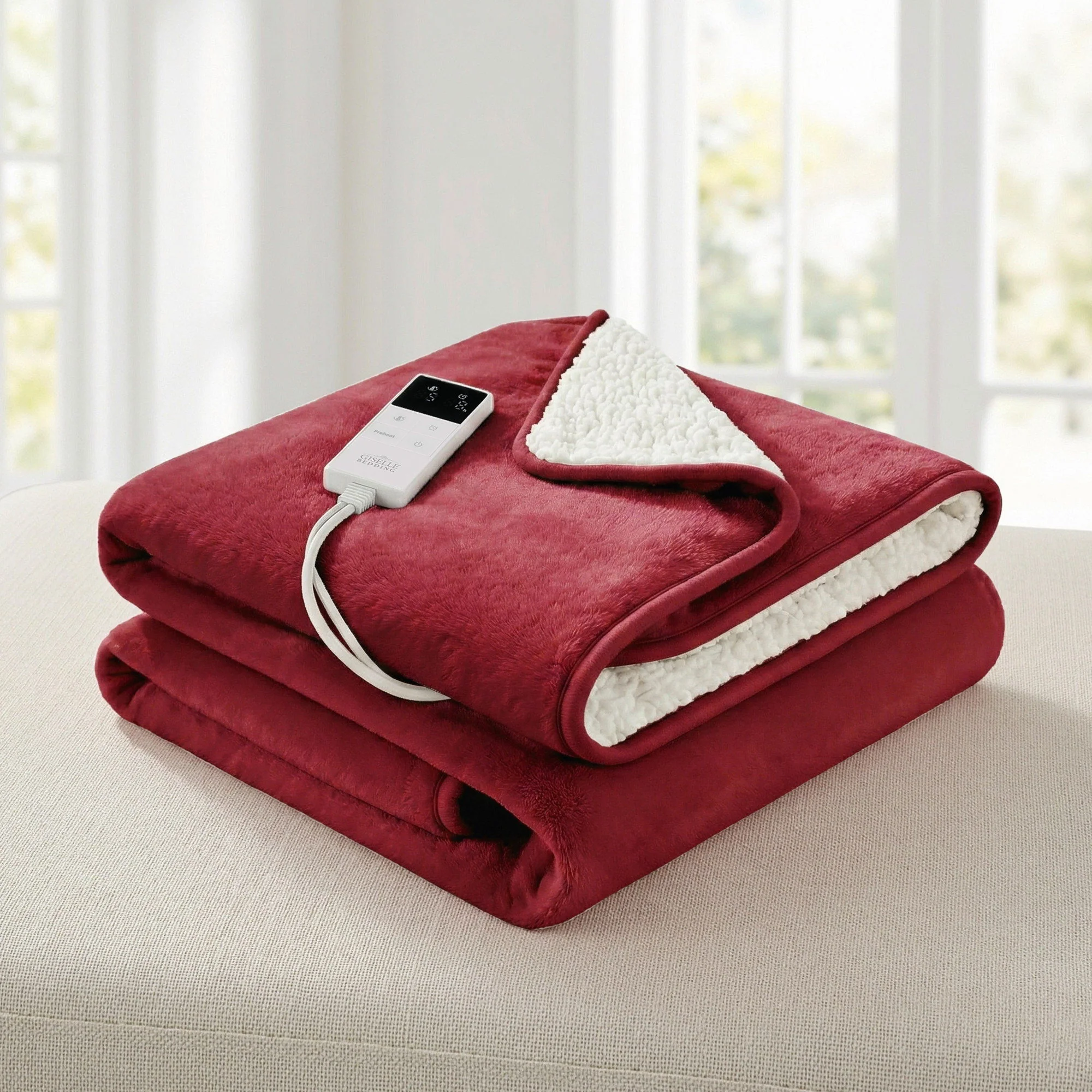 Giselle Electric Throw Rug Dual Side Fleece Flannel Heated Blanket (Burgundy) - Image 2