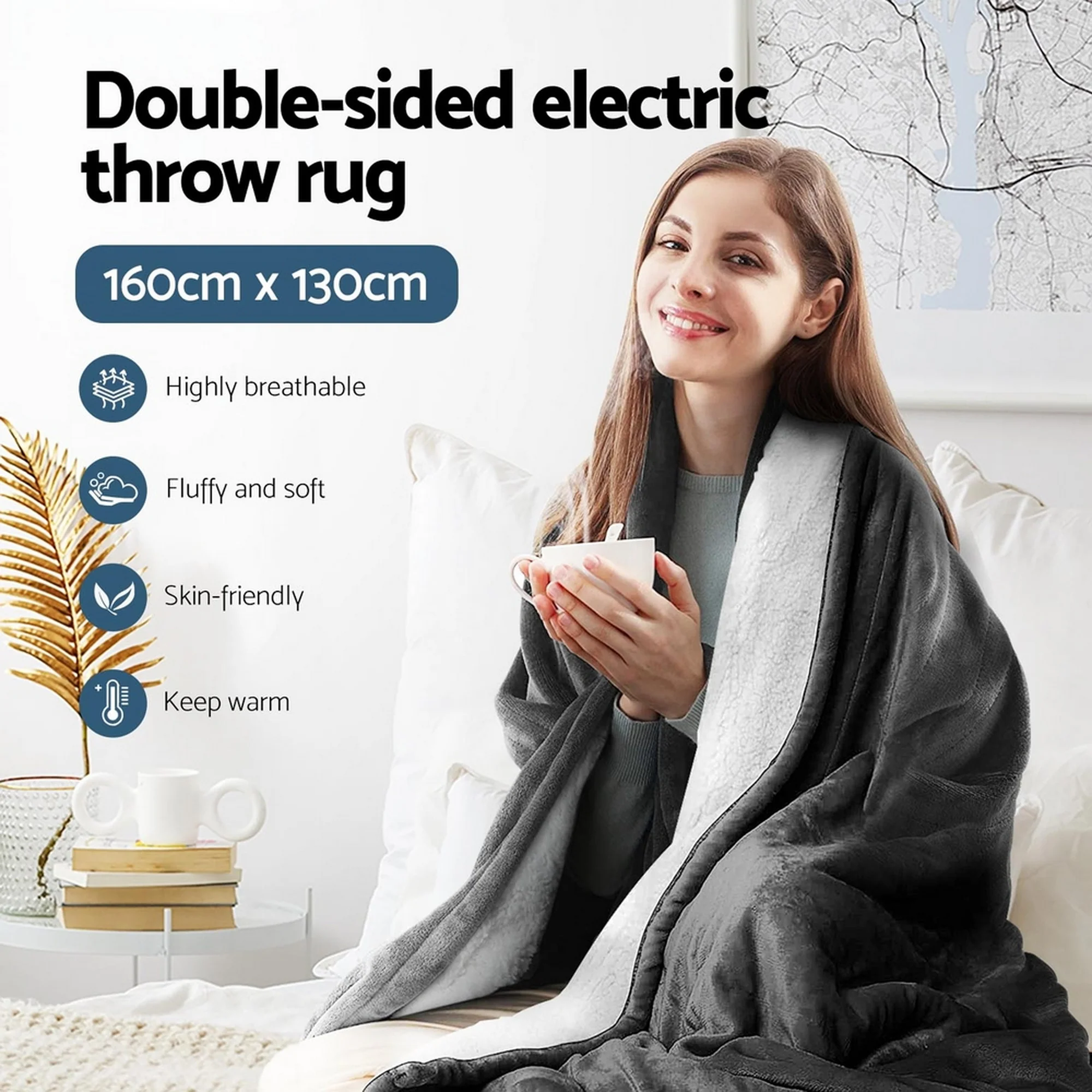 Giselle Electric Throw Rug Heated Blanket Double Sided (Grey) - Image 6
