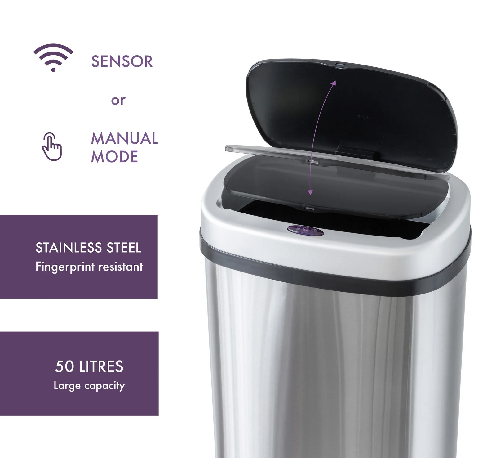 Healthy Choice 50L Stainless Steel Motion Sensor Rubbish Bin - Image 4