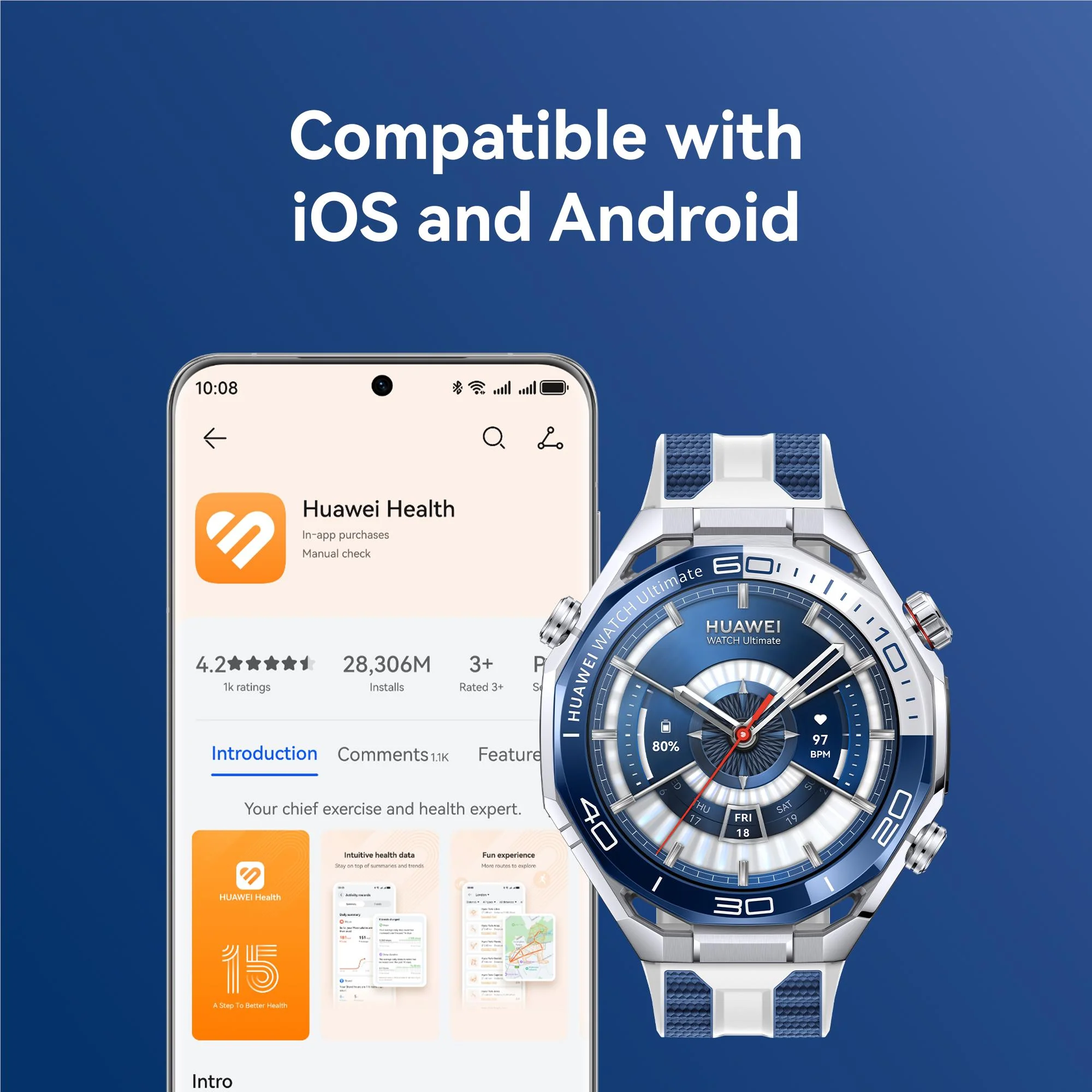Huawei Watch Ultimate 2 (Blue with Blue & White Fluoroelastomer Strap) - Image 9