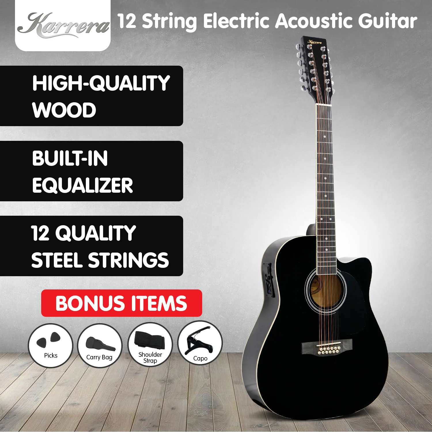 Karrera 12-String Acoustic Guitar with EQ (Black) - Image 9