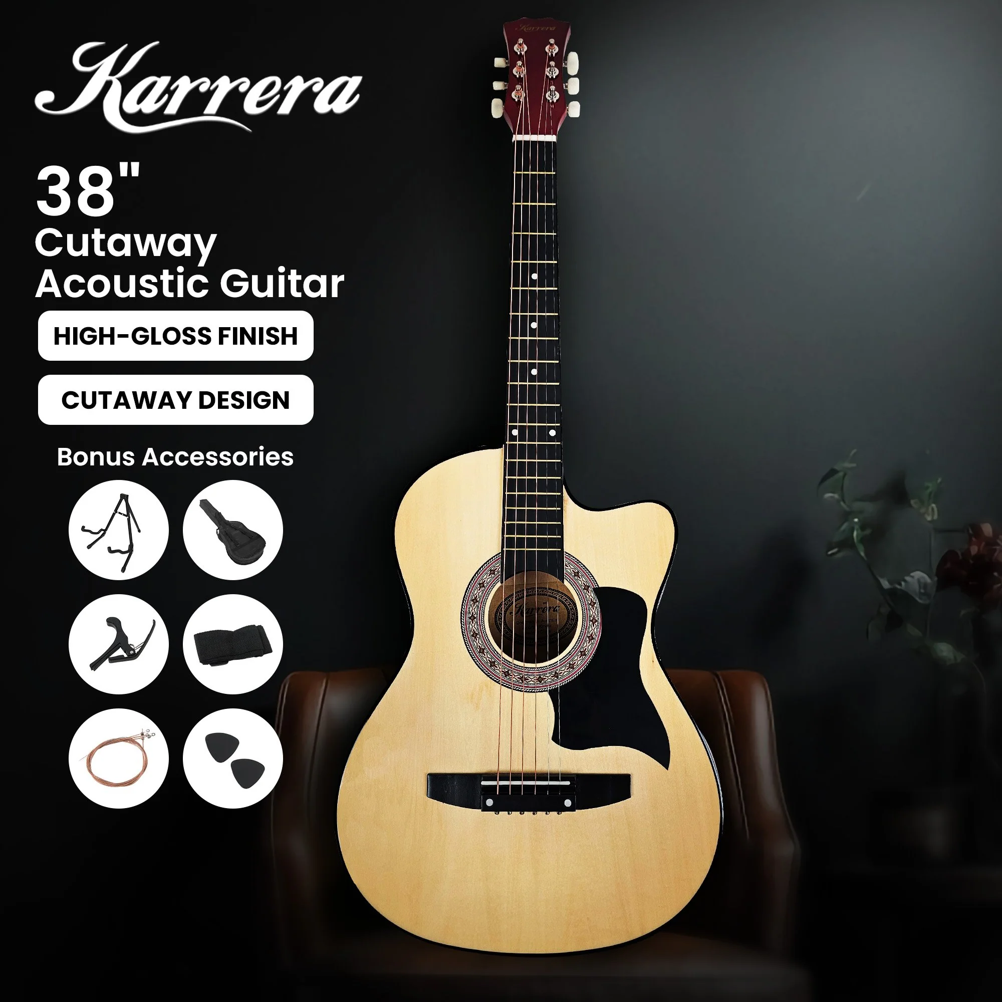 Karrera 38" Pro Cutaway Acoustic Guitar with Carry Bag (Natural) - Image 4