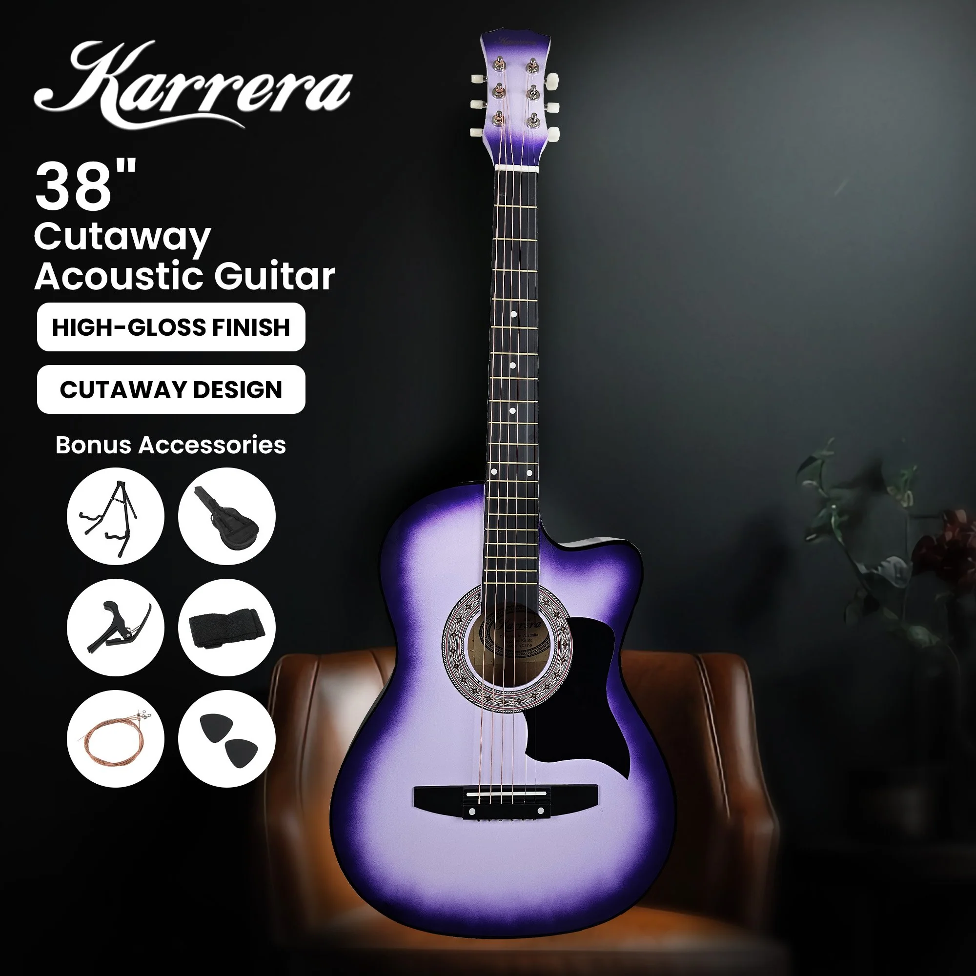 Karrera 38" Pro Cutaway Acoustic Guitar with Carry Bag (Purple Burst) - Image 4