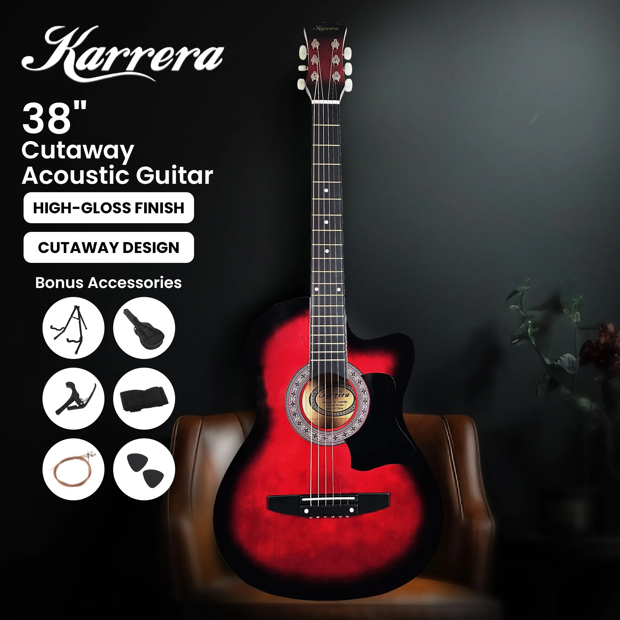 Karrera 38" Pro Cutaway Acoustic Guitar with Carry Bag (Red Burst) - Image 4