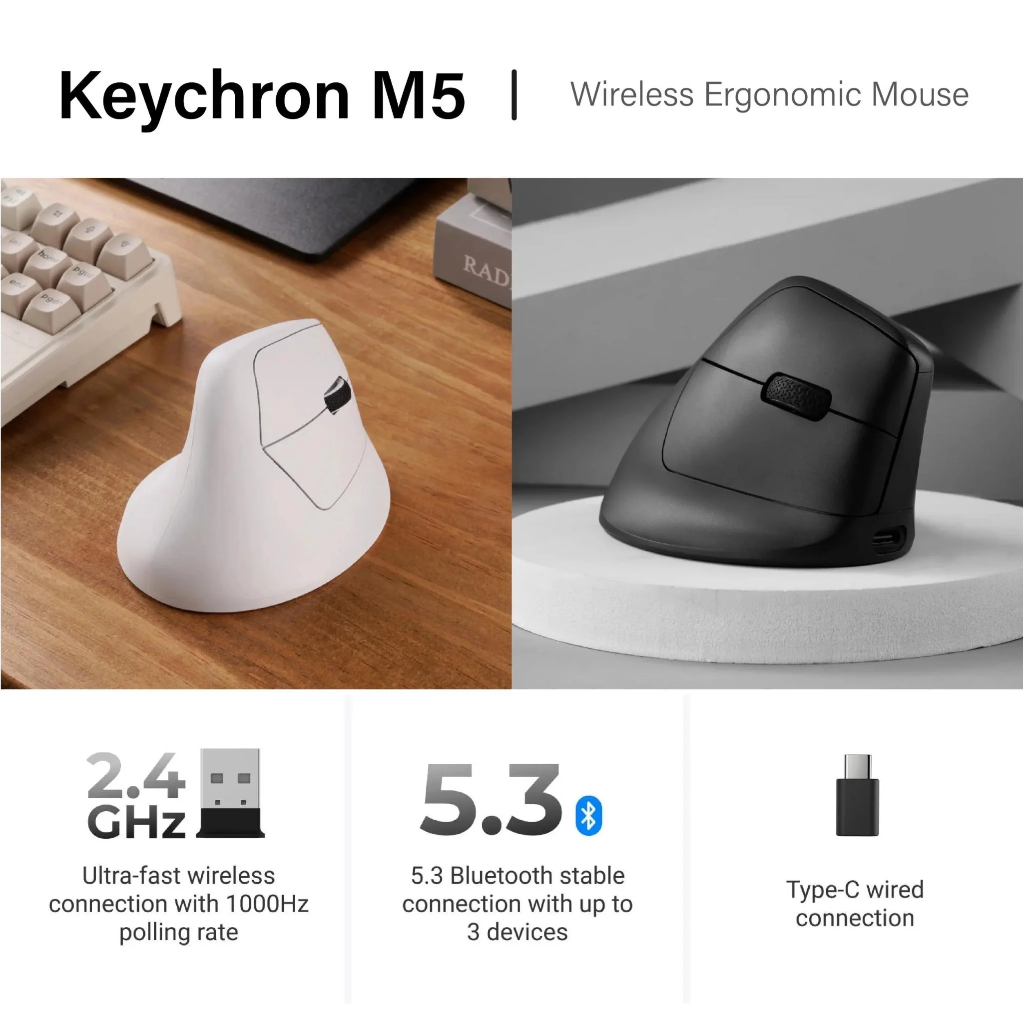 Keychron M5 PixArt 3950 8K Polling Rate Wireless Ergonomic Mouse (Black) - Image 3