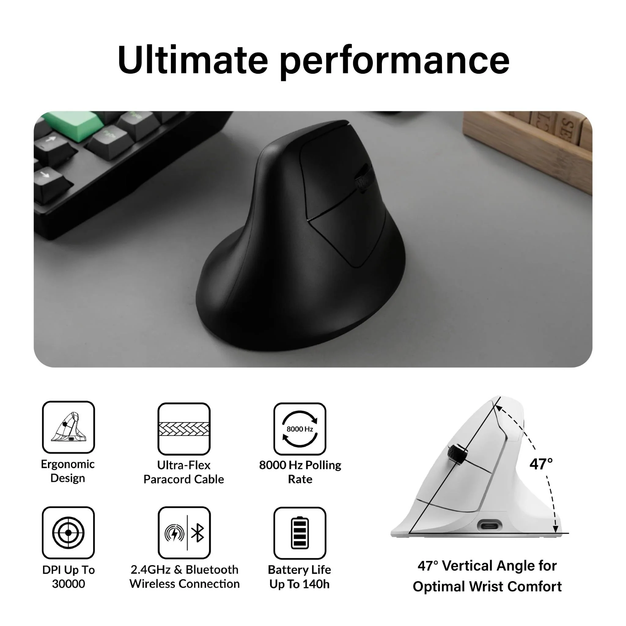 Keychron M5 PixArt 3950 8K Polling Rate Wireless Ergonomic Mouse (Black) - Image 4