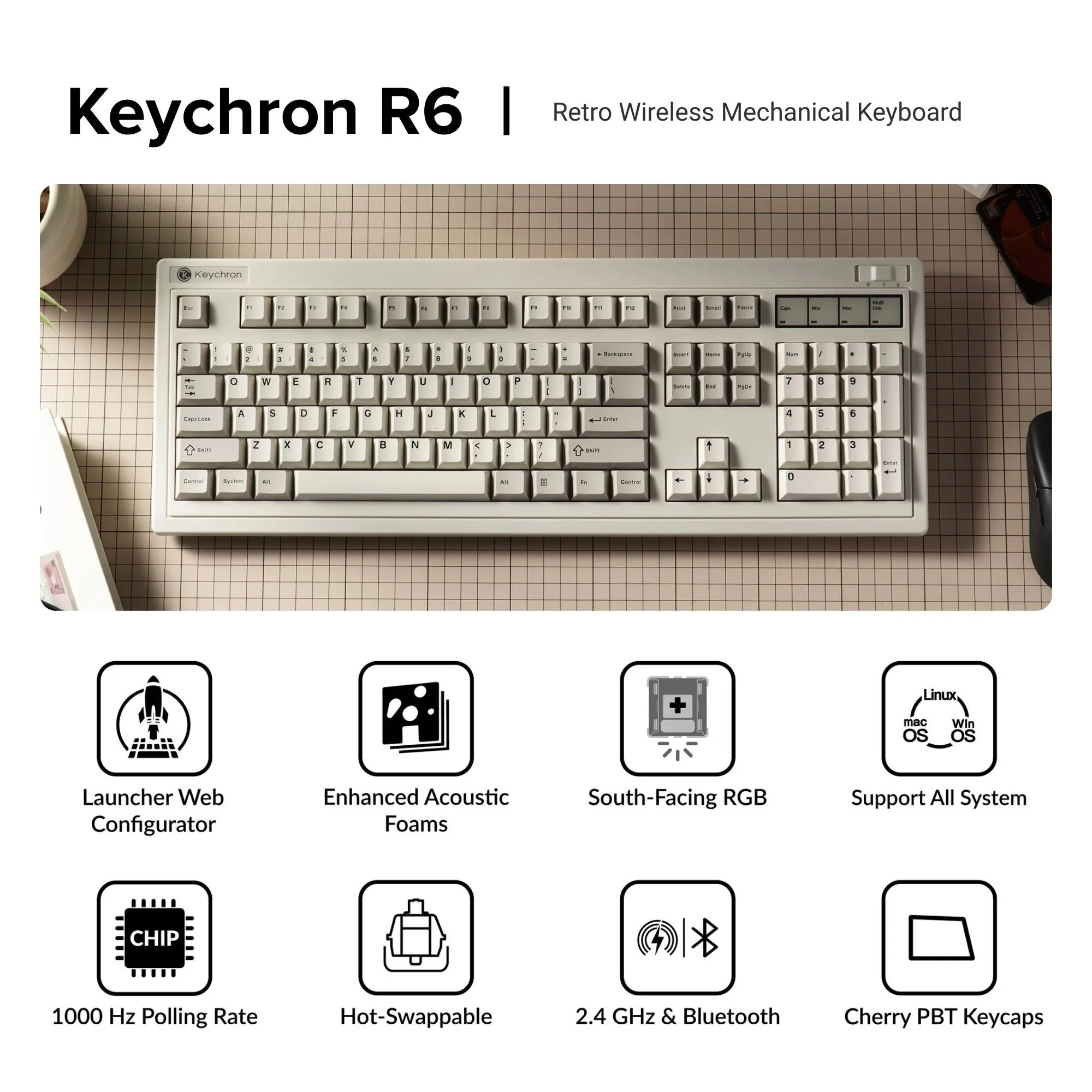 Keychron R6 Full Size Retro Hot-Swap Wireless Mechanical Keyboard (Brown Switch) - Image 5