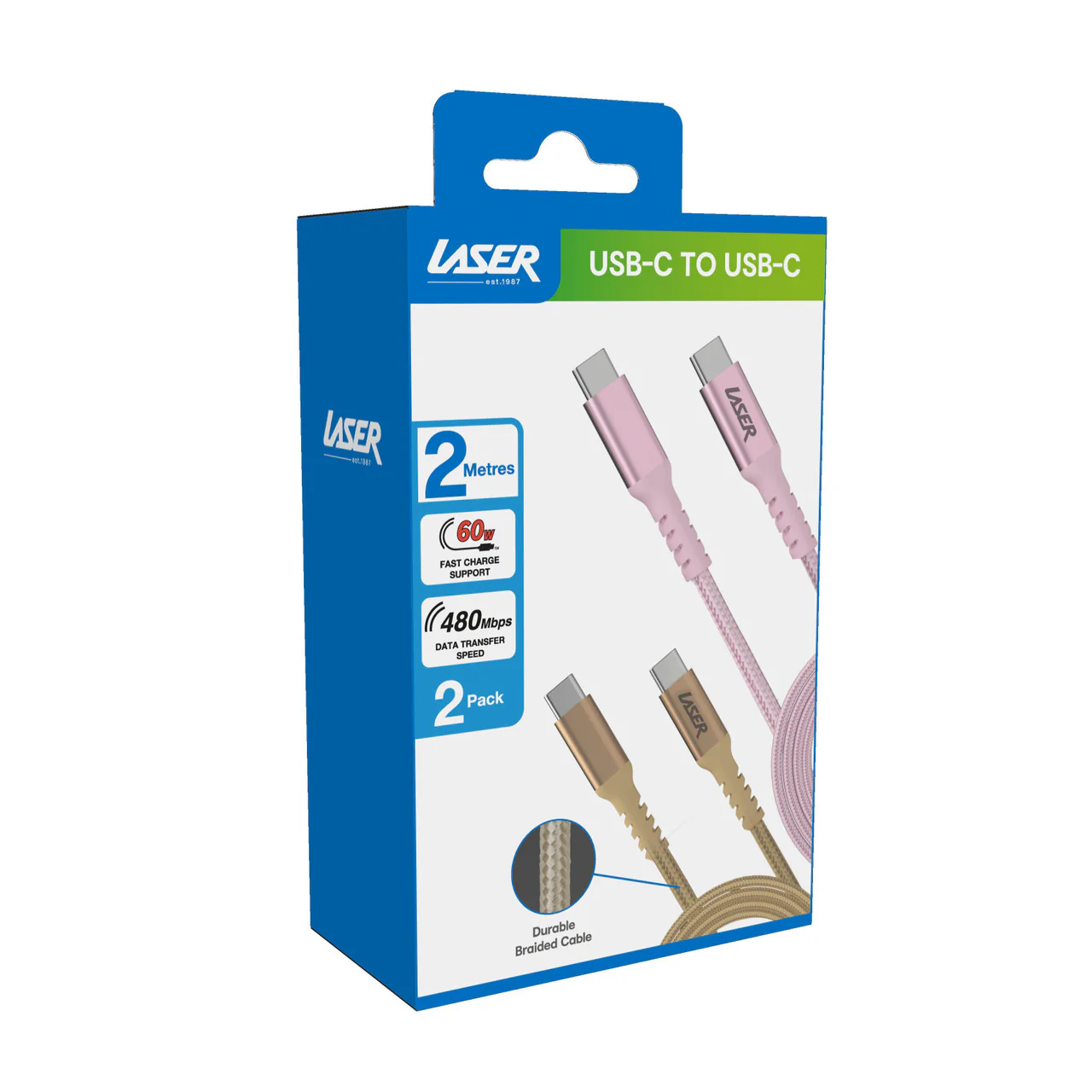 Laser 2M (2-pack) USB-C to USB-C Cable 60W (Gold/Pink) - Image 4