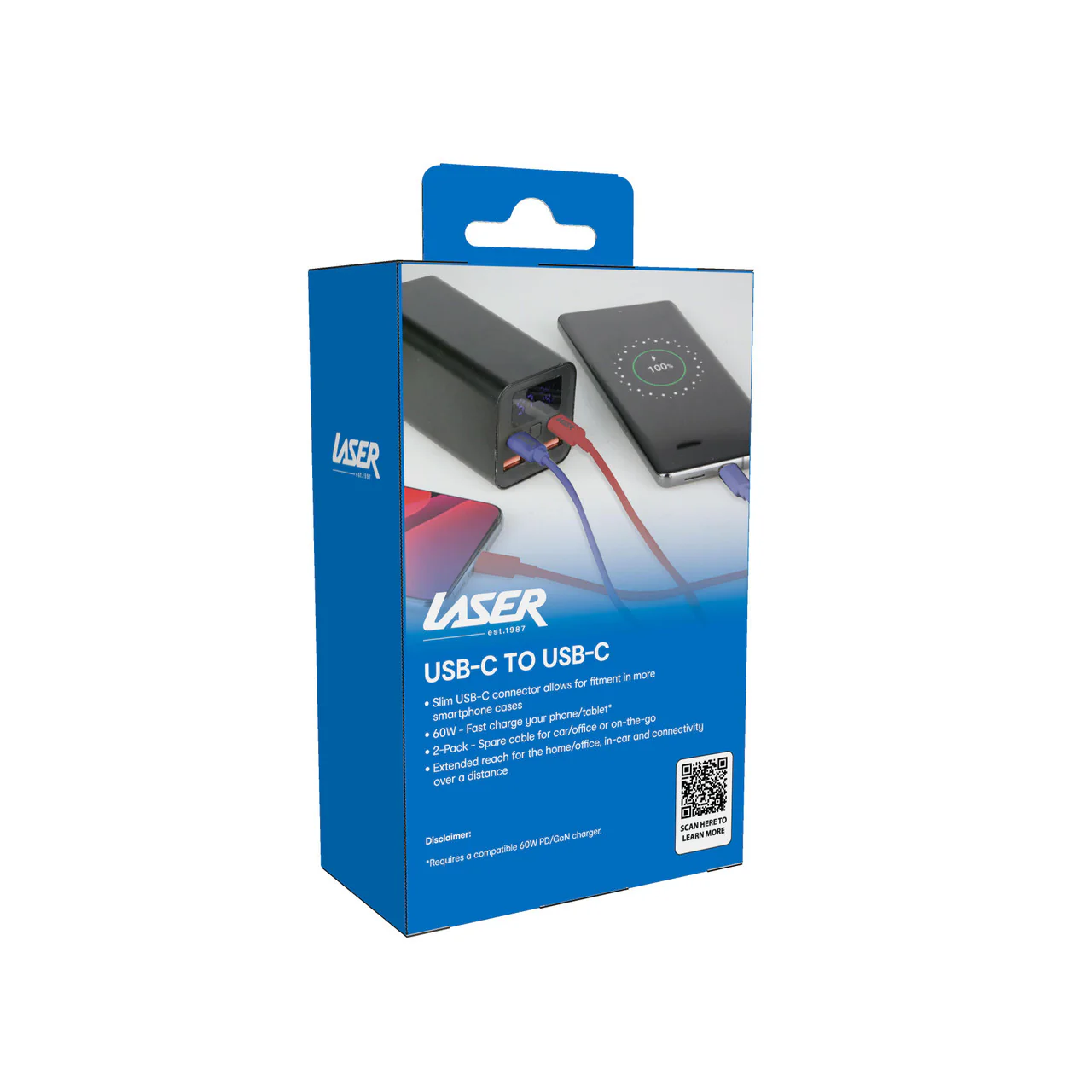 Laser 2m (2-pack) USB-C to USB-C Cable 60W (Red/Blue) - Image 4