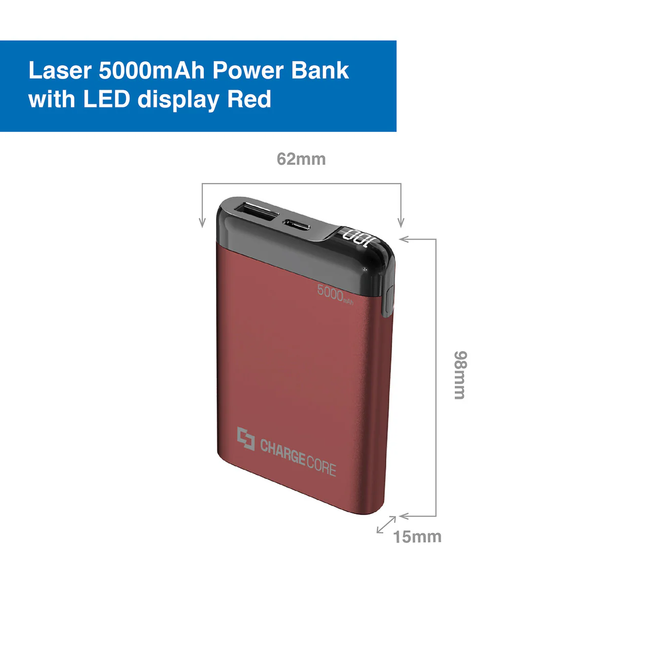 Laser 5000mAh Power Bank with LED (Red) - Image 2