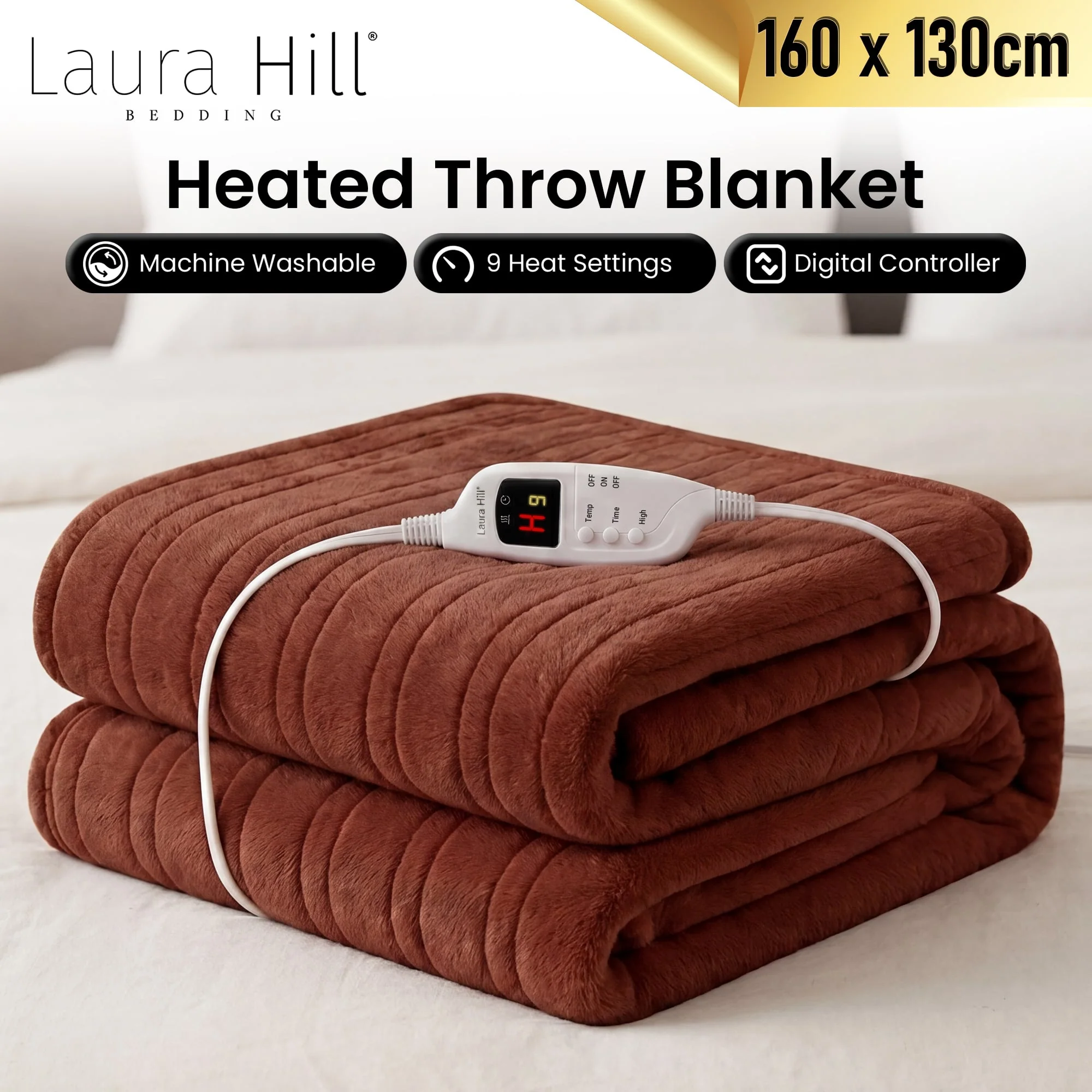Laura Hill Heated Electric Blanket Fleece Throw (Brown) - Image 7