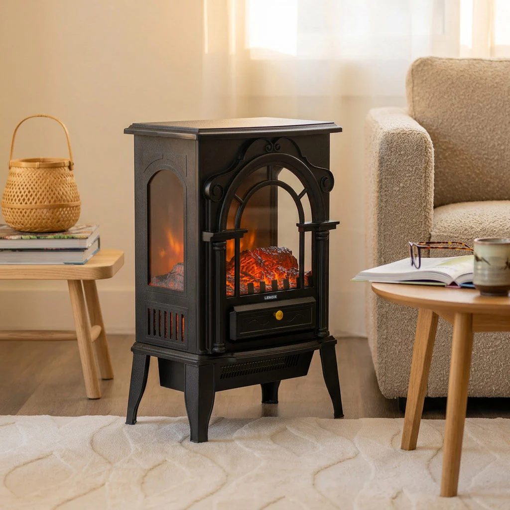 Lenoxx Electric 1000W to 2000W Freestanding Fireplace Heater with Panoramic 3 Sided Glass Design - Image 2