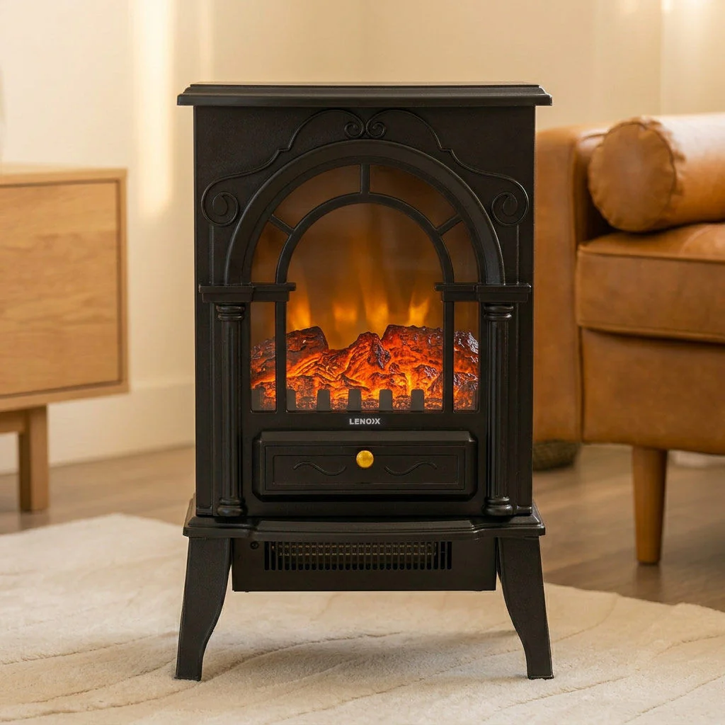 Lenoxx Electric 1000W to 2000W Freestanding Fireplace Heater with Panoramic 3 Sided Glass Design - Image 8