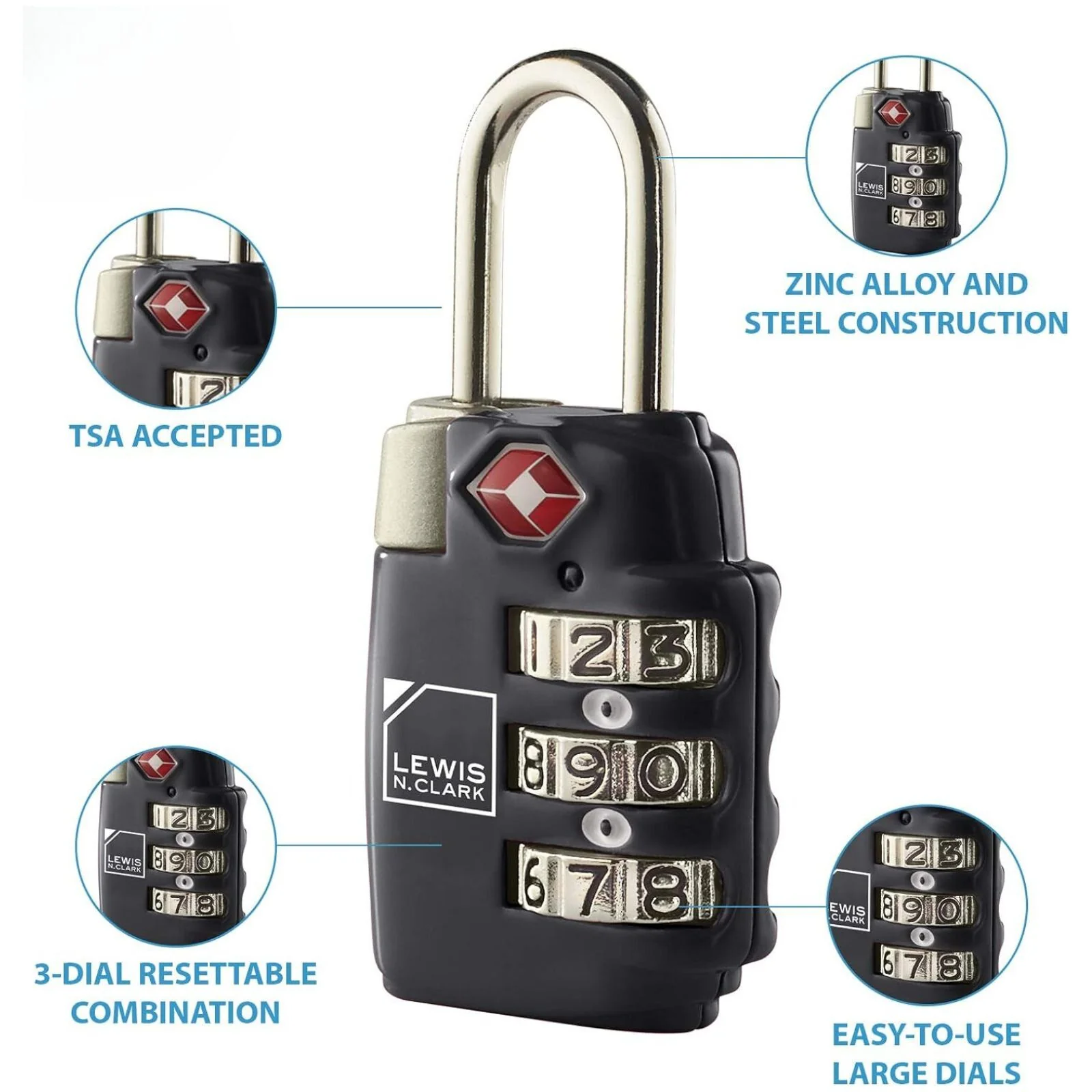 Lewis N. Clark TSA Combination Secure Padlock for Suitcase (Black) - Image 5
