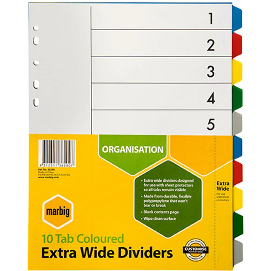 Marbig Extra Wide Dividers PP 10-Tab A4 Assorted Colours 10 Pack - Image 2