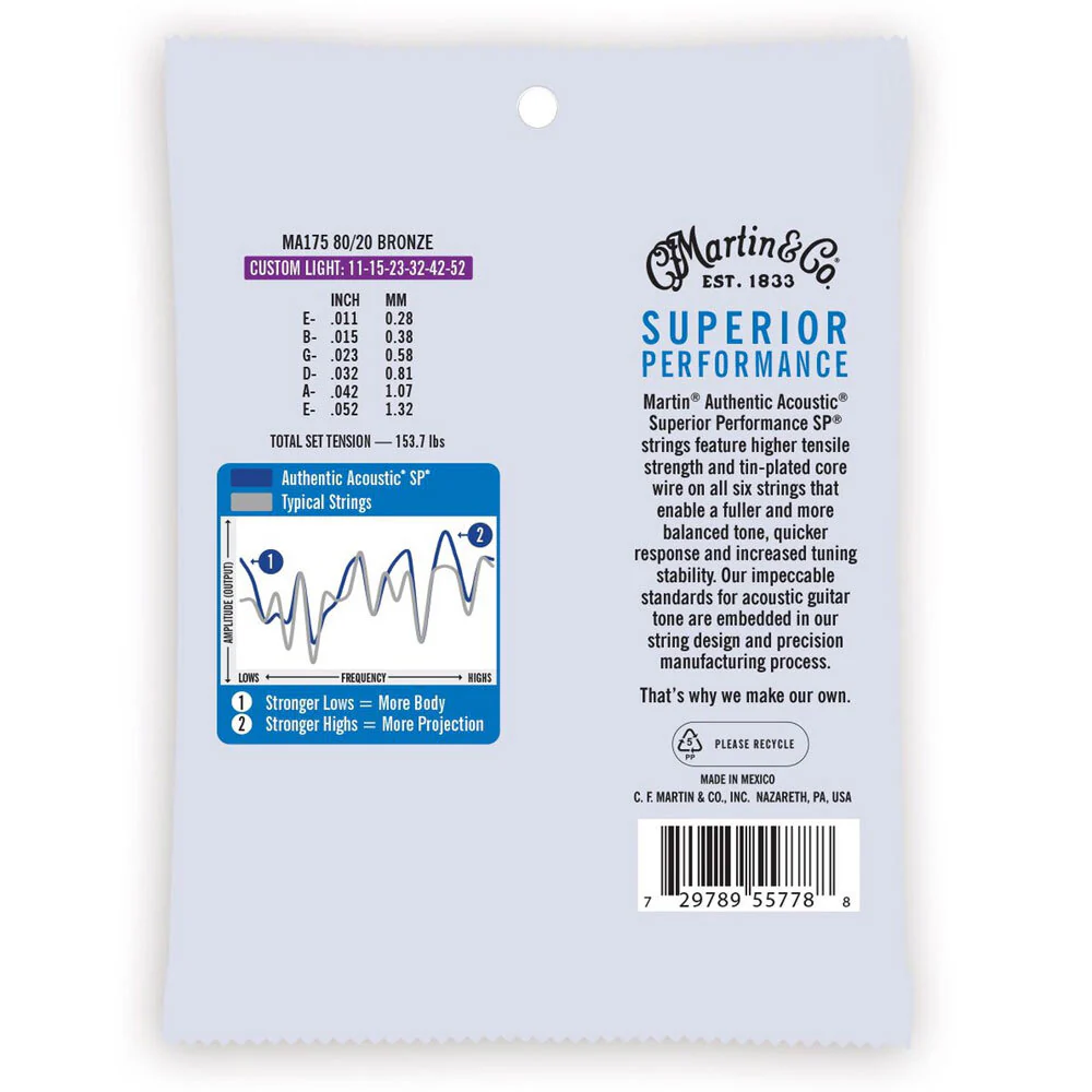 Martin Guitar MA175 Authentic Acoustic Strings 80/20 Bronze Custom Light - Image 2