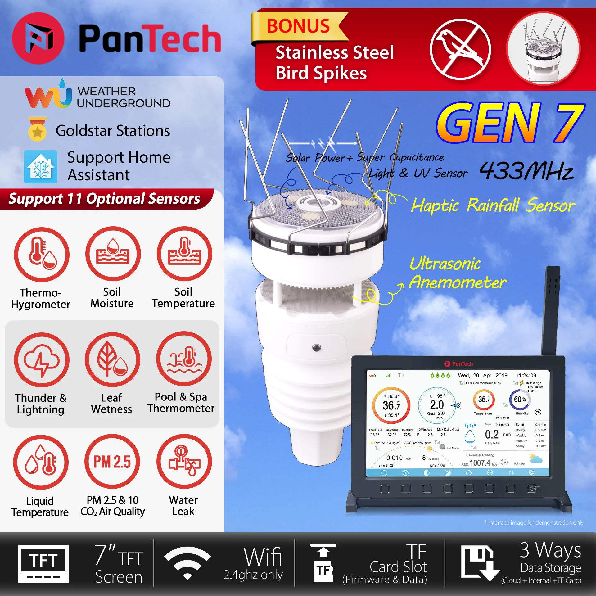 PanTech Gen7 IoT PT-HP2564 Solar Powered WiFi Wireless Weather Station 7" TFT Display - Image 3