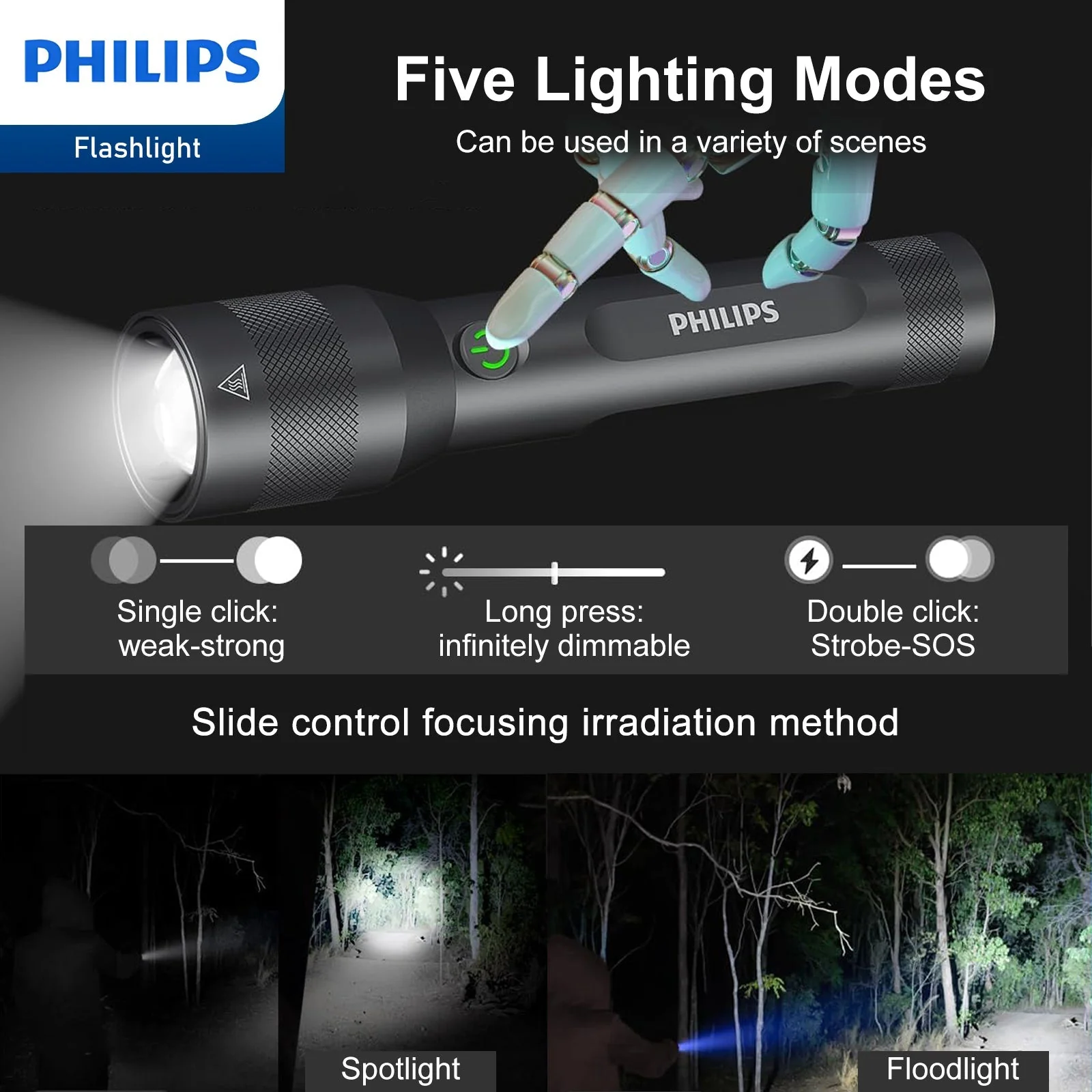 Philips Rechargeable LED 1000 Lumens Flashlight with Adjustable Focus (Black) - Image 10