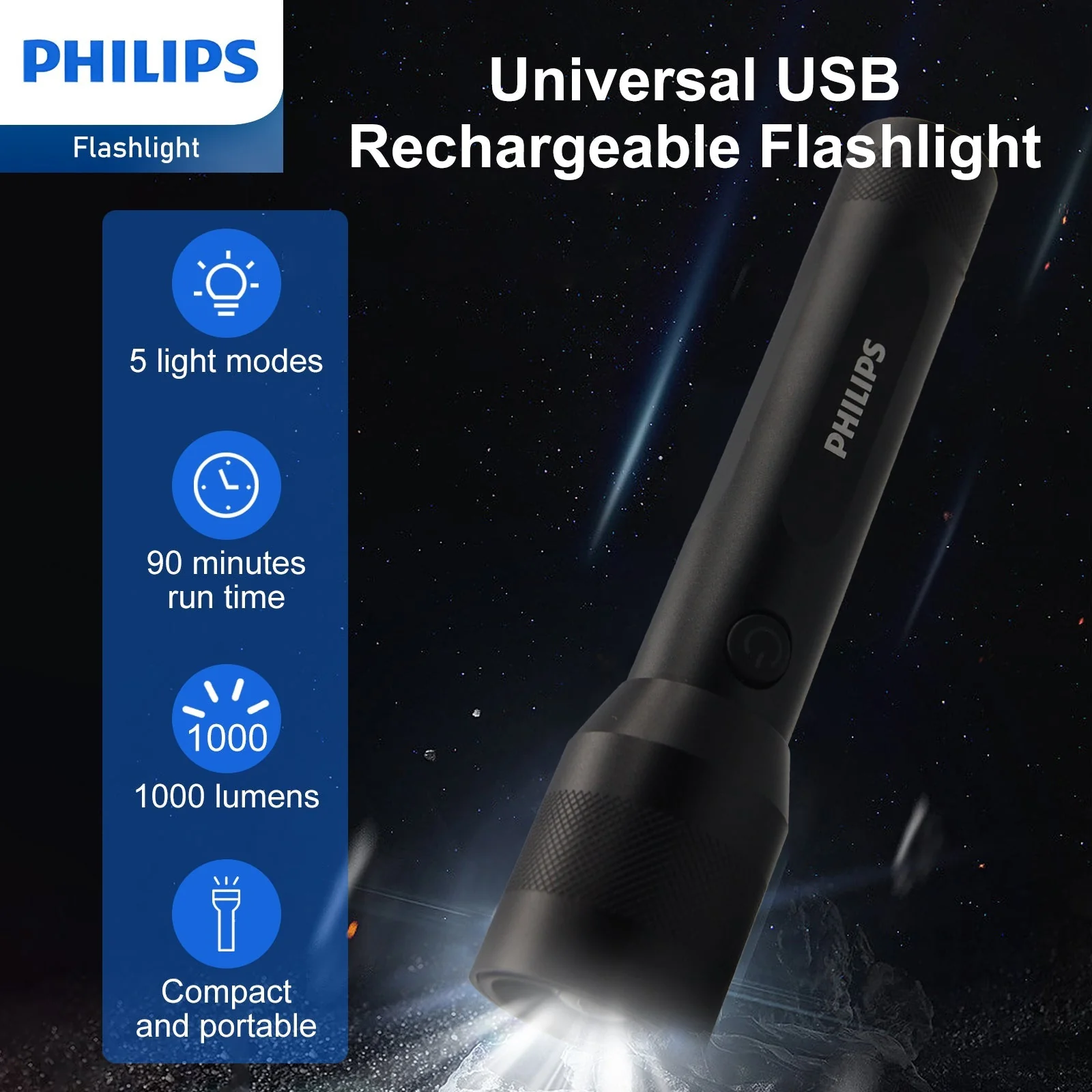 Philips Rechargeable LED 1000 Lumens Flashlight with Adjustable Focus (Black) - Image 2