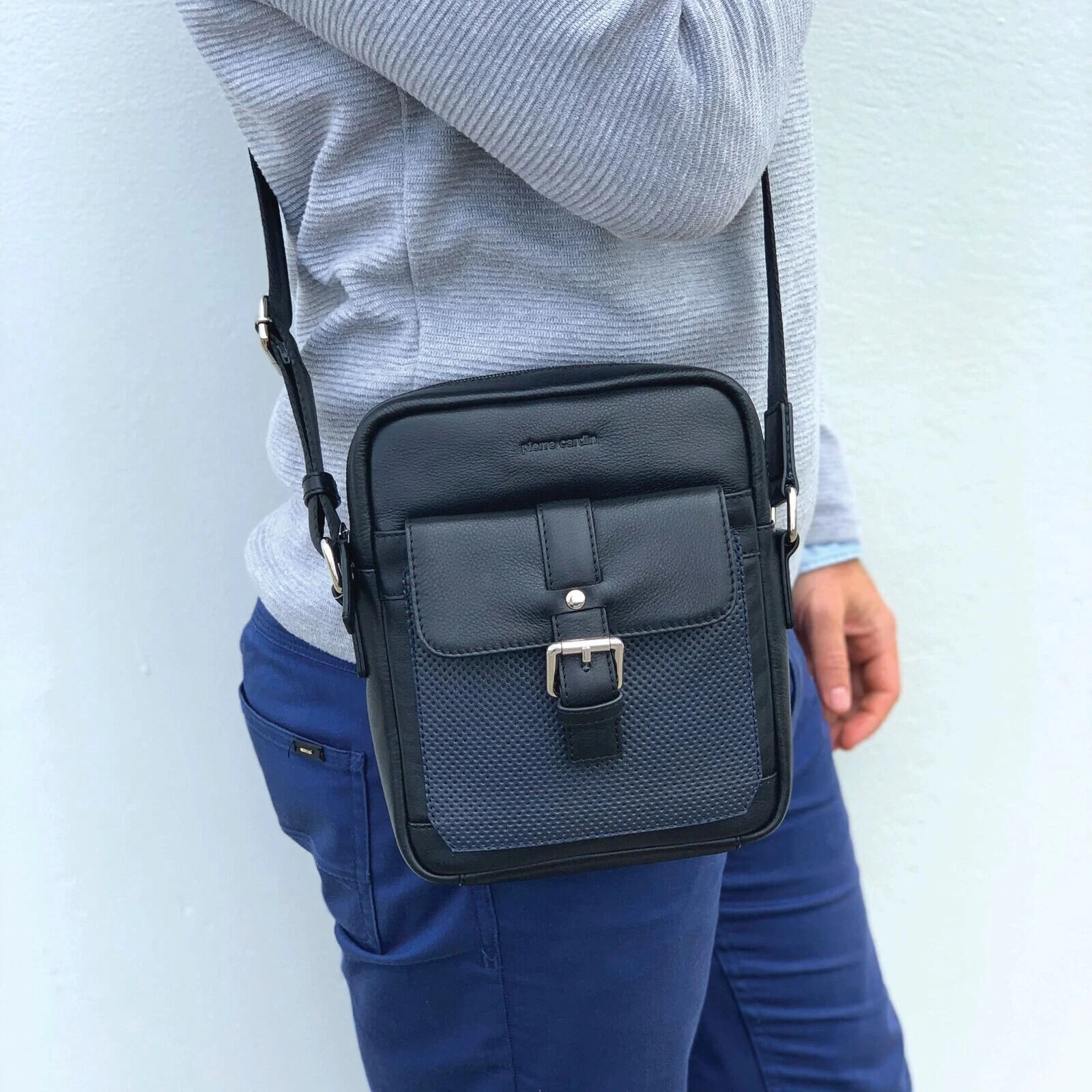 Pierre Cardin Leather Business Bag in Black & Organizer Cross Body in Black/Navy - Image 9