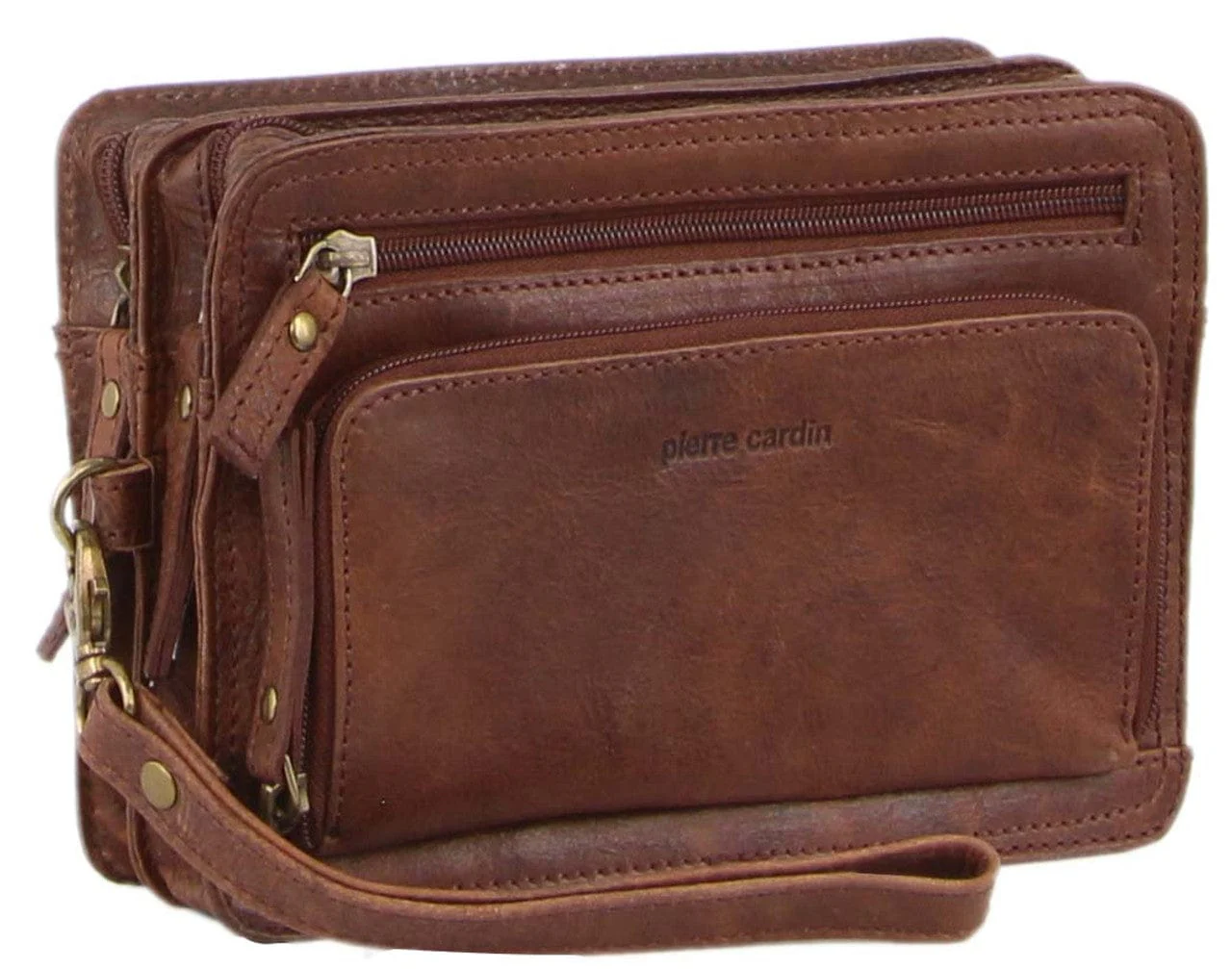 Pierre Cardin Men's Rustic Leather Organiser Wristlet Bag Chocolate Chestnut