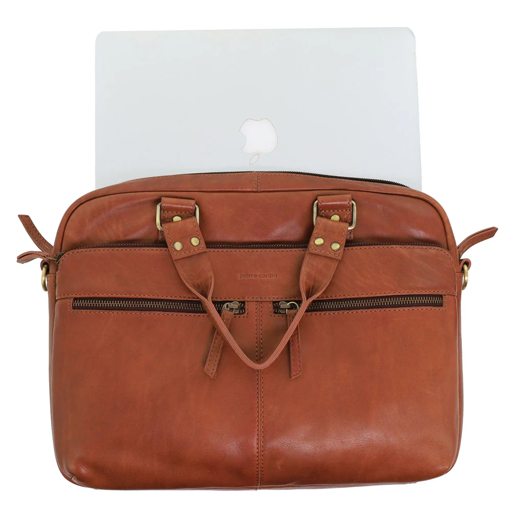 Pierre Cardin MultiCompartment Leather Laptop Shoulder Bag 43x31cm Cognac - Image 2