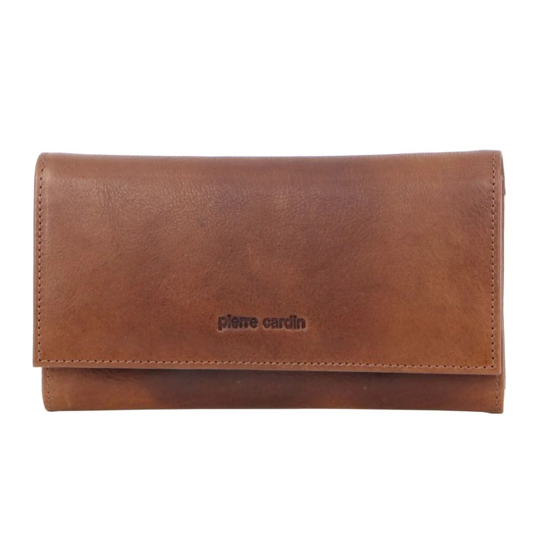 Pierre Cardin Women's Rustic Leather Protected RFID Wallet 19cm Cognac
