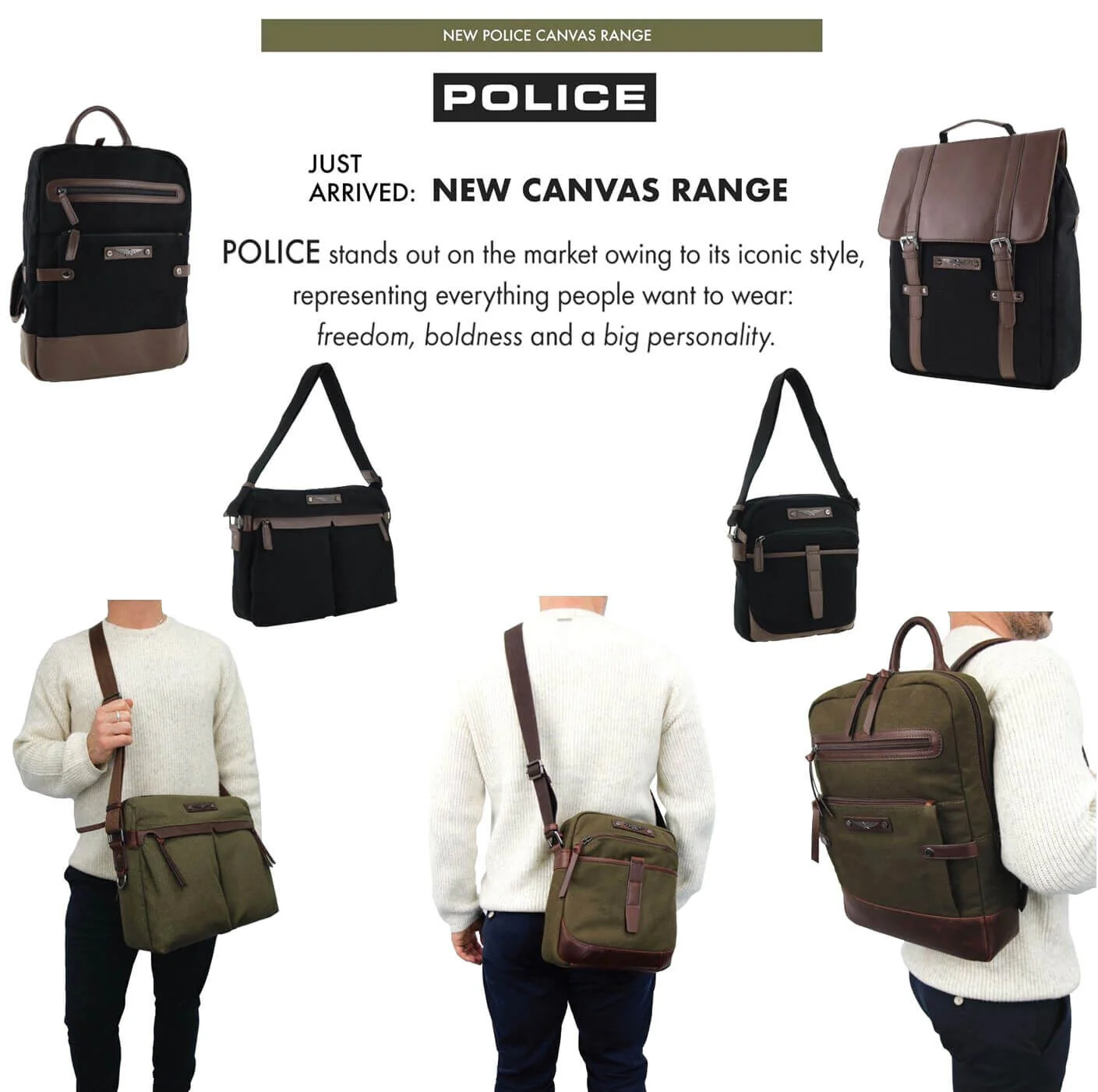 Police Rustic Men's Canvas Shoulder Crossbody Bag w/Zip Pocket 29cm Dark Olive - Image 6