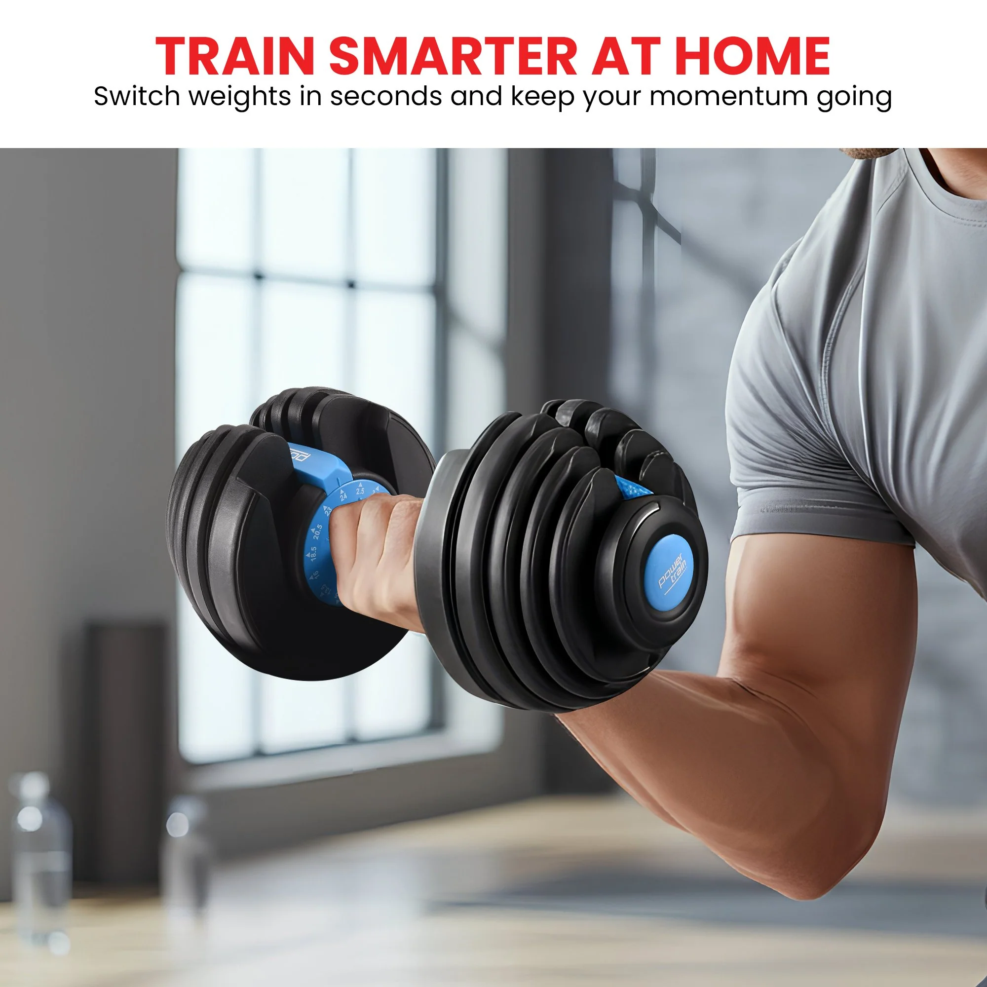 Powertrain 48kg Adjustable Dumbbells with Stand - Blue - Image 8