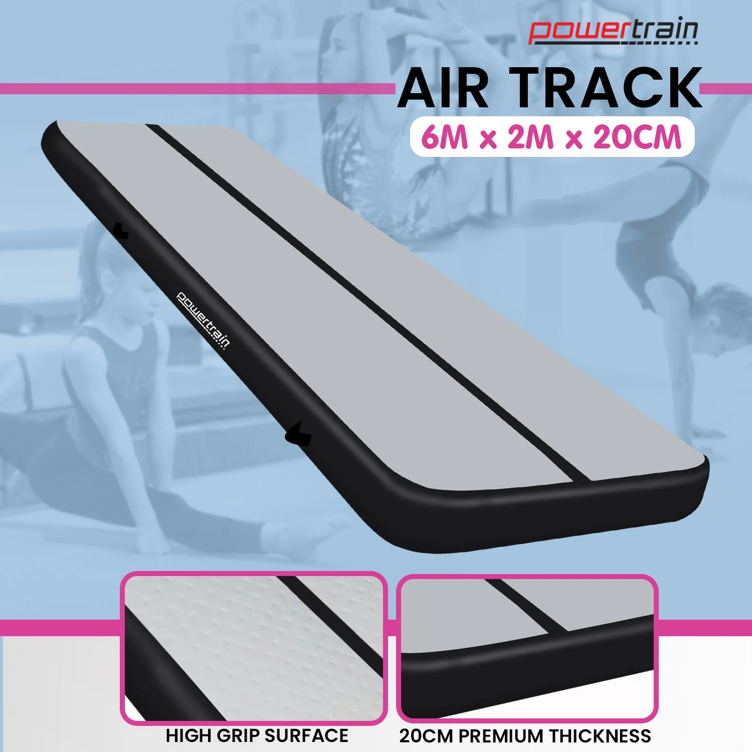 Powertrain 6m x 2m x 20cm Air Track Gymnastics Mat Tumbling Exercise (Grey Black) - Image 10