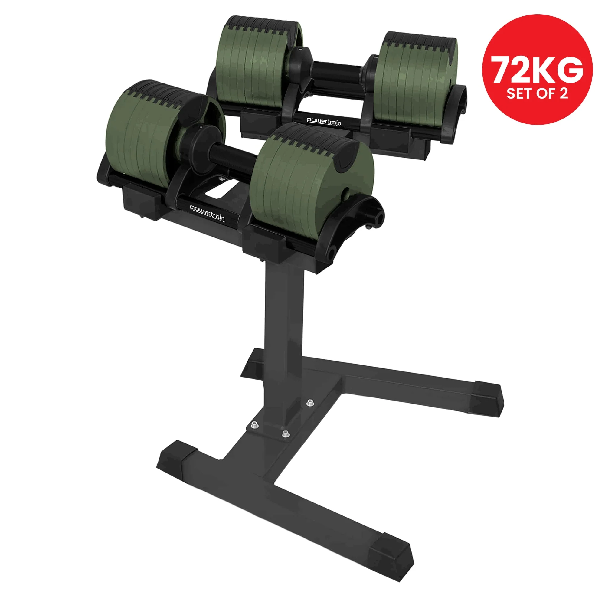 Powertrain Eon Dial Up 72KG Adjustable Dumbbells Pair with Stand - Green - Image 9