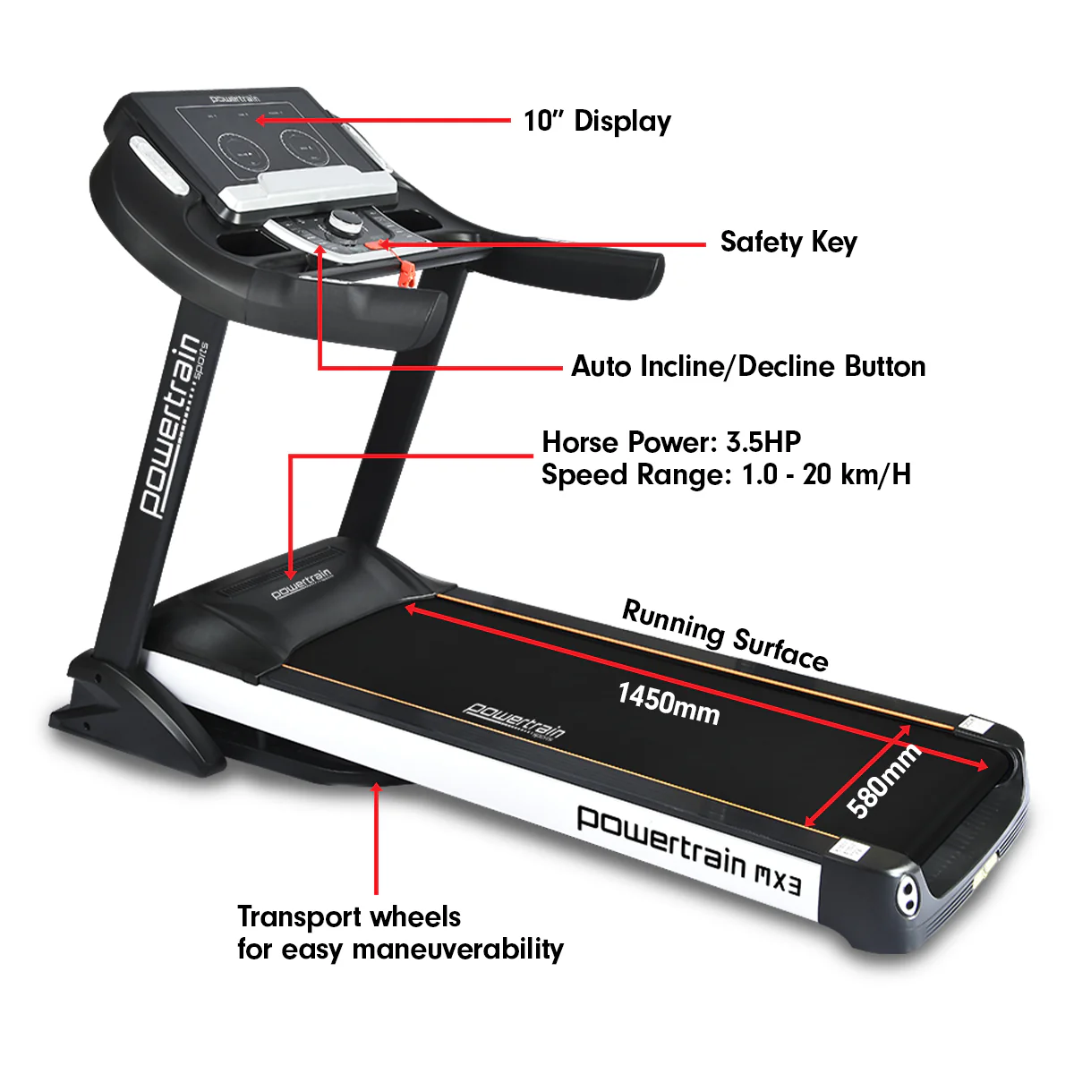 Powertrain MX3 Treadmill 580mm Belt 20km/h 3.5HP - Image 2