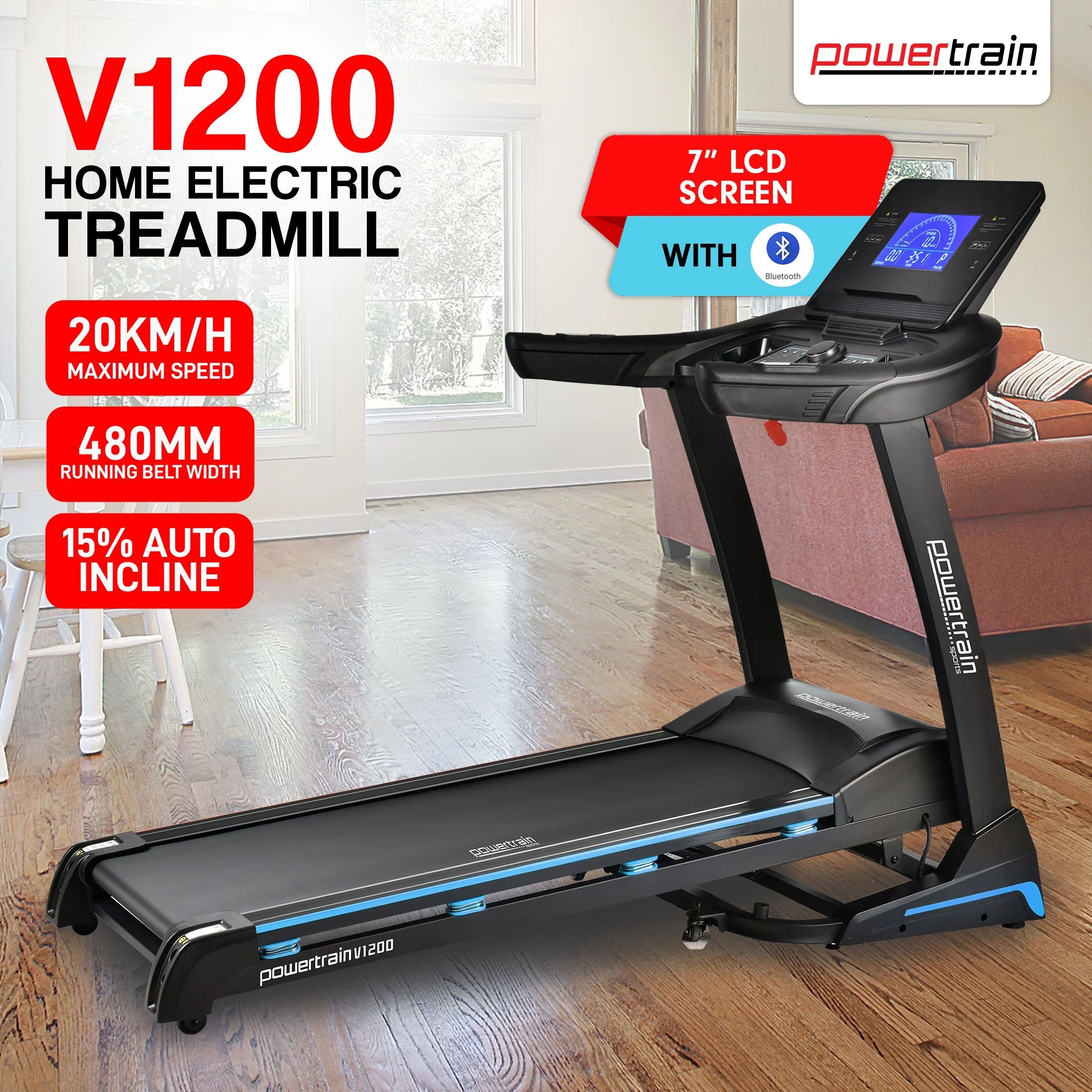 Powertrain V1200 Treadmill with Shock-Absorbing System Exercise Cardio Running Home Gym - Image 2