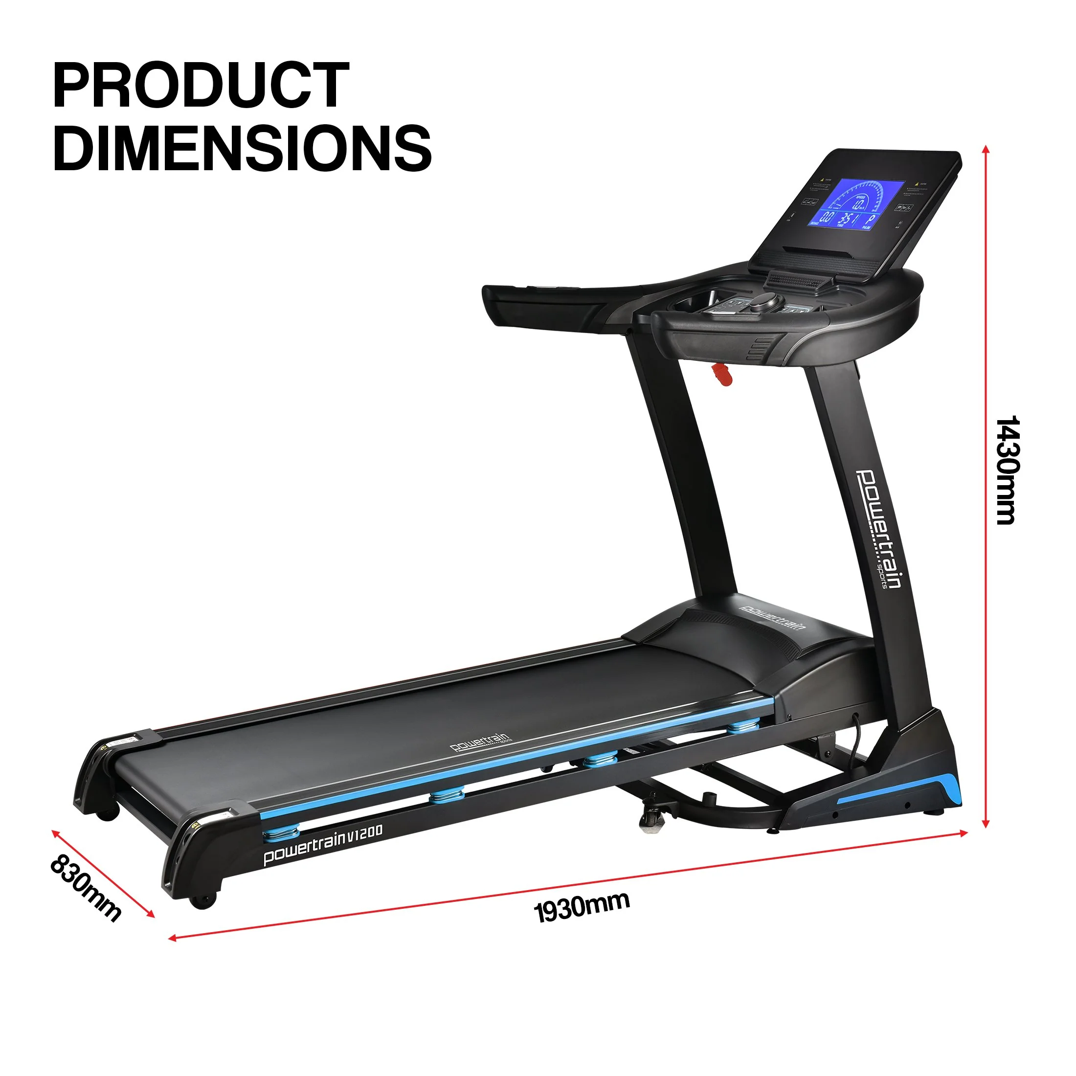 Powertrain V1200 Treadmill with Shock-Absorbing System Exercise Cardio Running Home Gym - Image 6