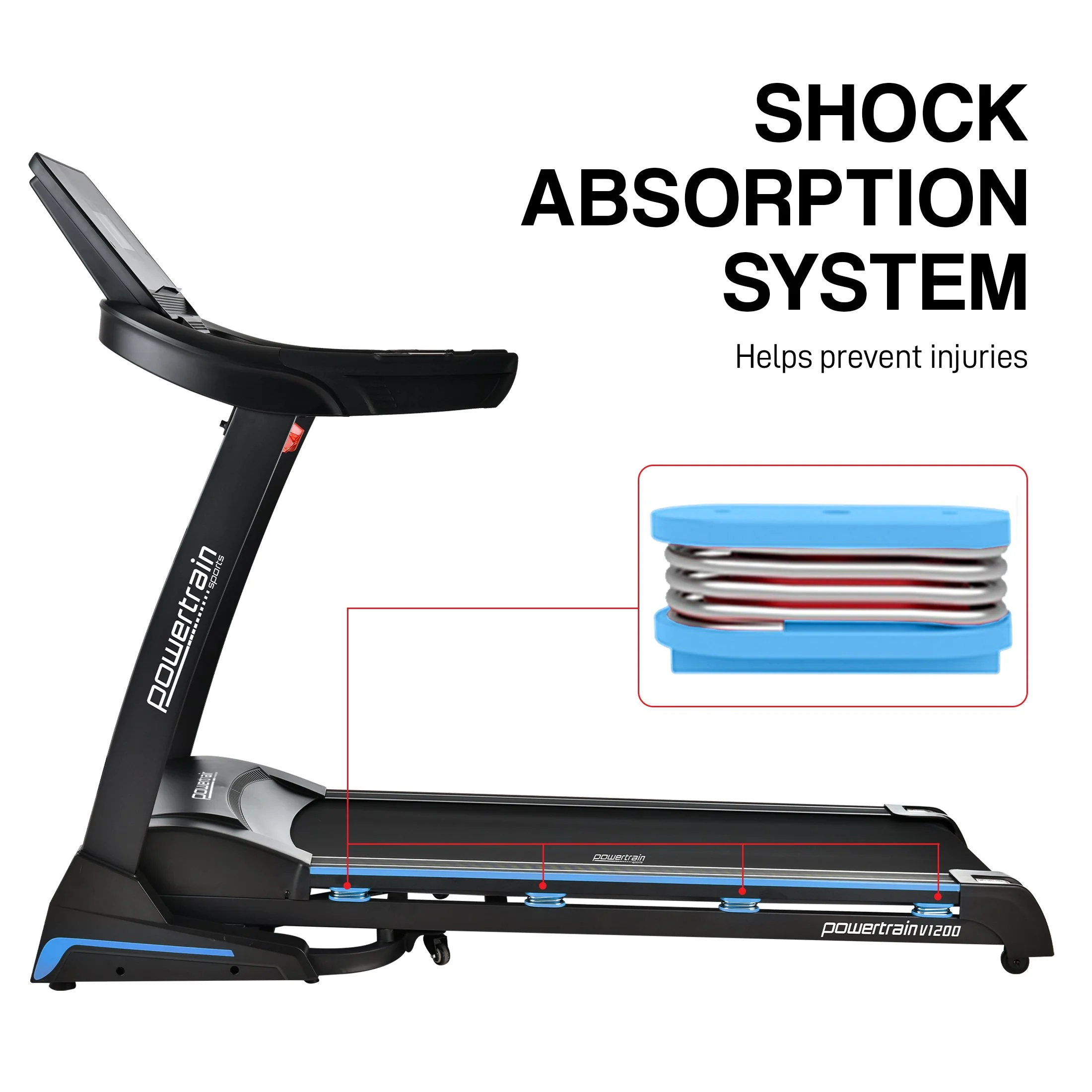 Powertrain V1200 Treadmill with Shock-Absorbing System Exercise Cardio Running Home Gym - Image 8