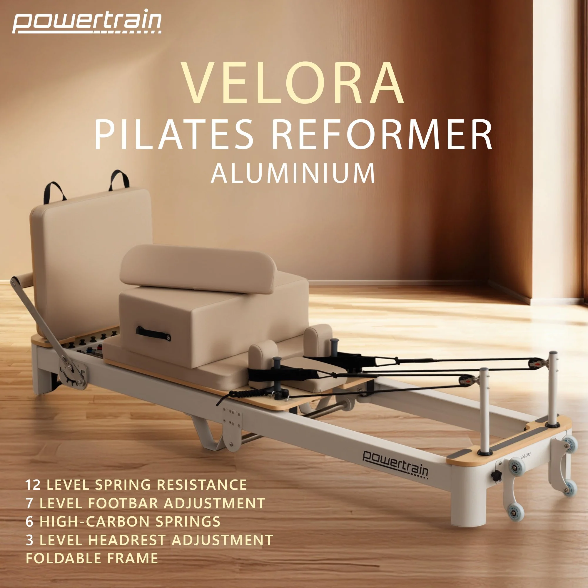 Powertrain Velora Pilates Reformer Machine Aluminum Foldable Multifunctional Home Gym Equipment (Beige) - Image 2