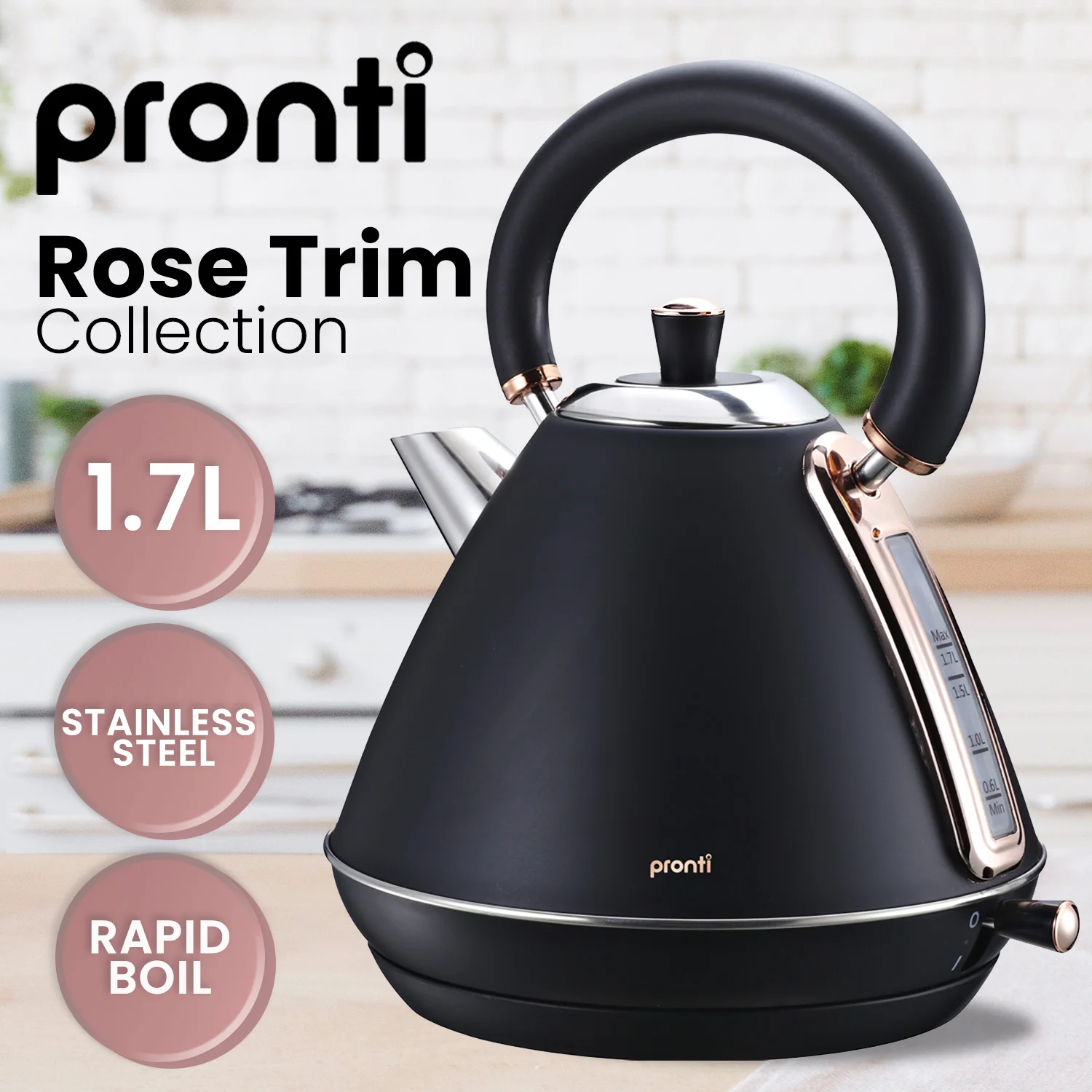 Pronti 1.7L Rose Trim Collection Kettle Stainless Steel (Black) - Image 2
