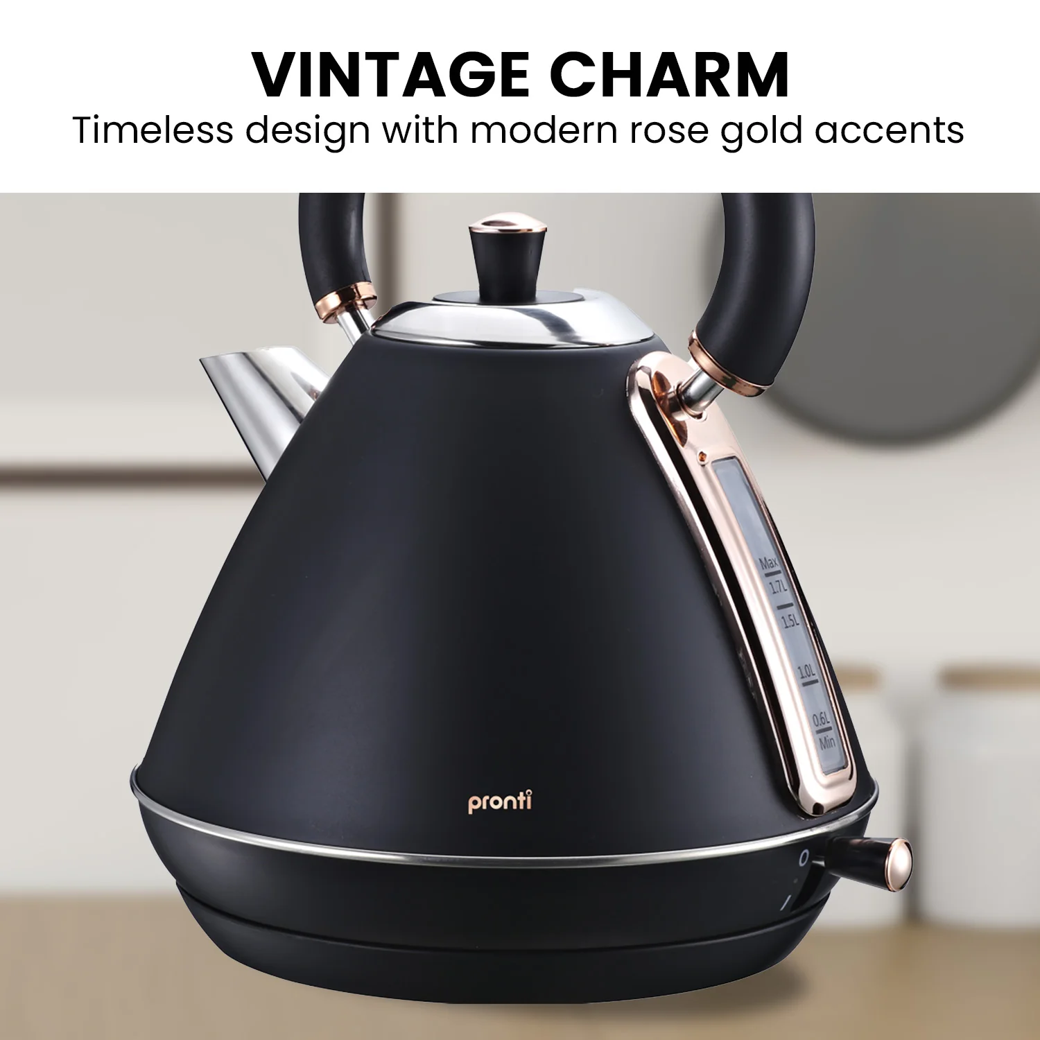 Pronti 1.7L Rose Trim Collection Kettle Stainless Steel (Black) - Image 5