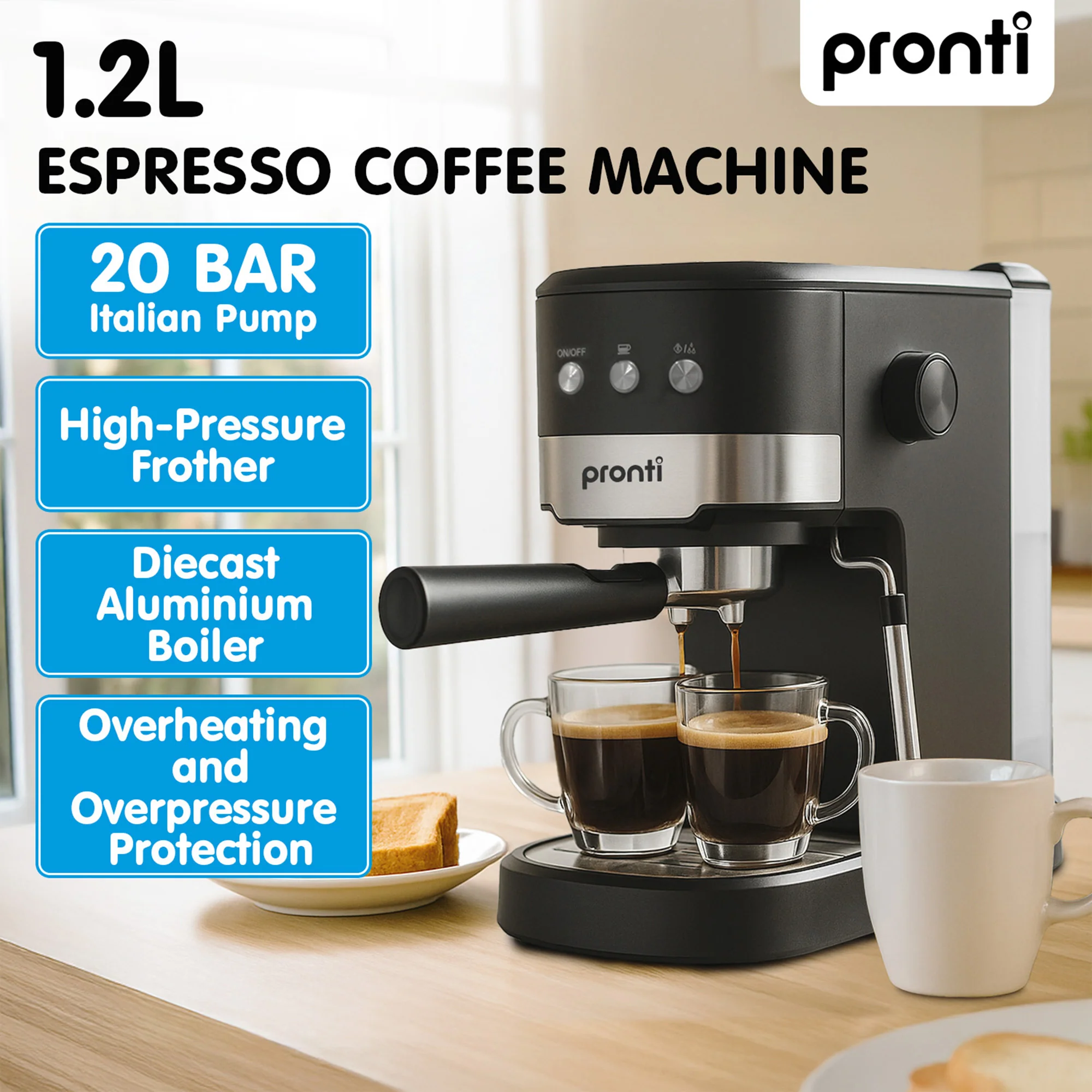 Pronti Breakfast Set with 1.25L Coffee Machine, Silver Noir Toaster & Kettle - Image 2