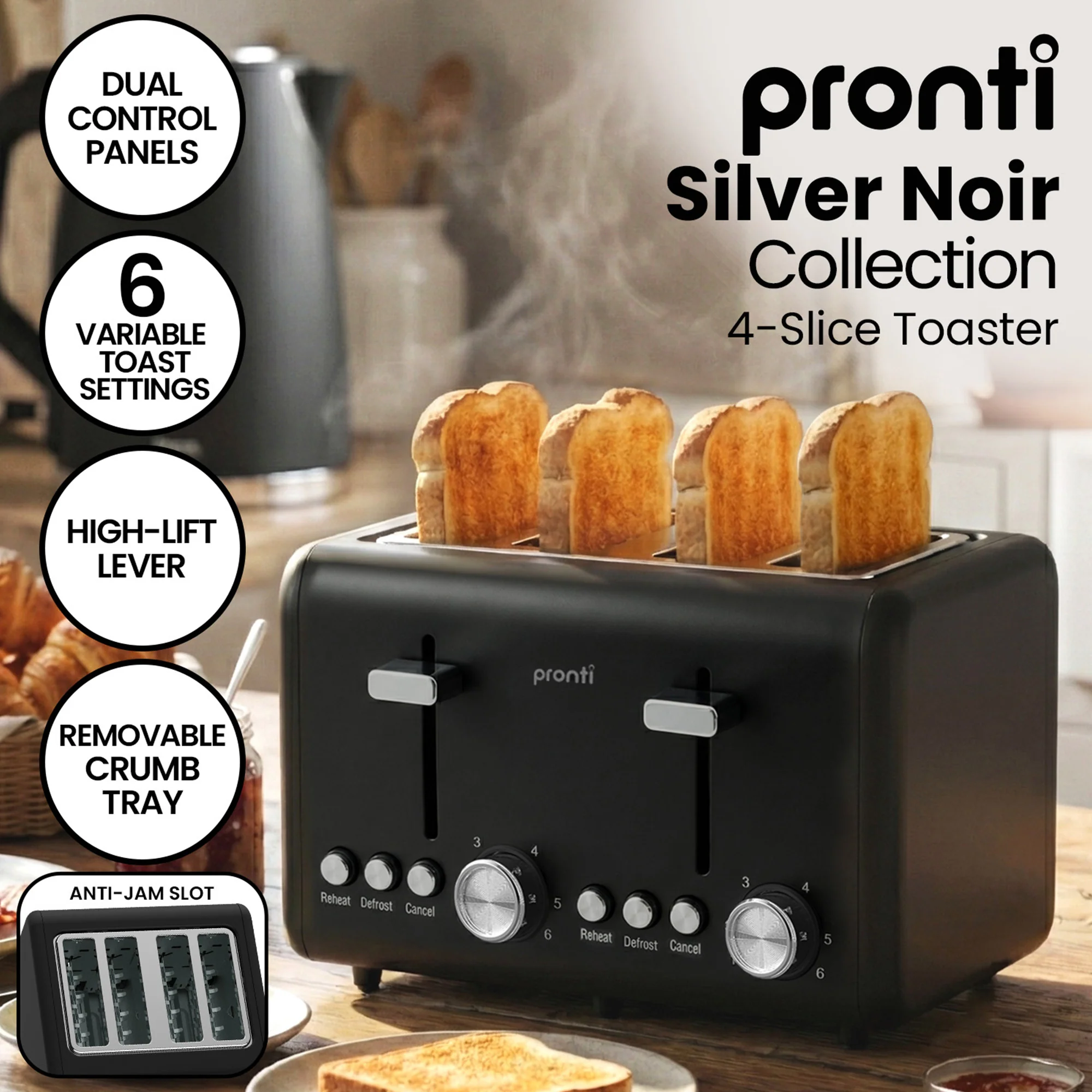 Pronti Breakfast Set with 1.25L Coffee Machine, Silver Noir Toaster & Kettle - Image 4