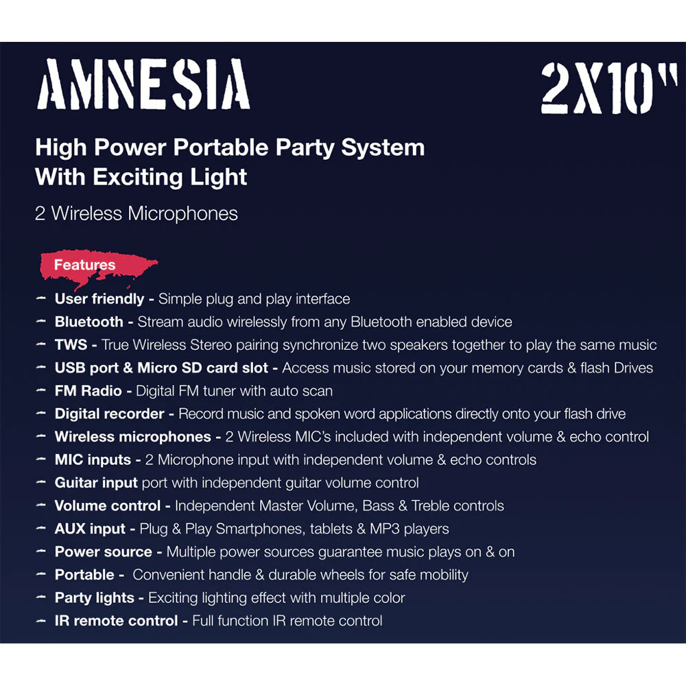 Pure Acoustics Amnesia 1200W TWS Bluetooth Speaker with 2 x Wireless Mics - Image 5