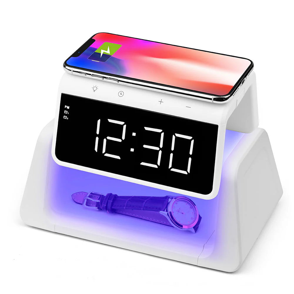 Rewyre Alarm Clock USB-C 5V 10W Qi Wireless Charger with UV Lamp (White)