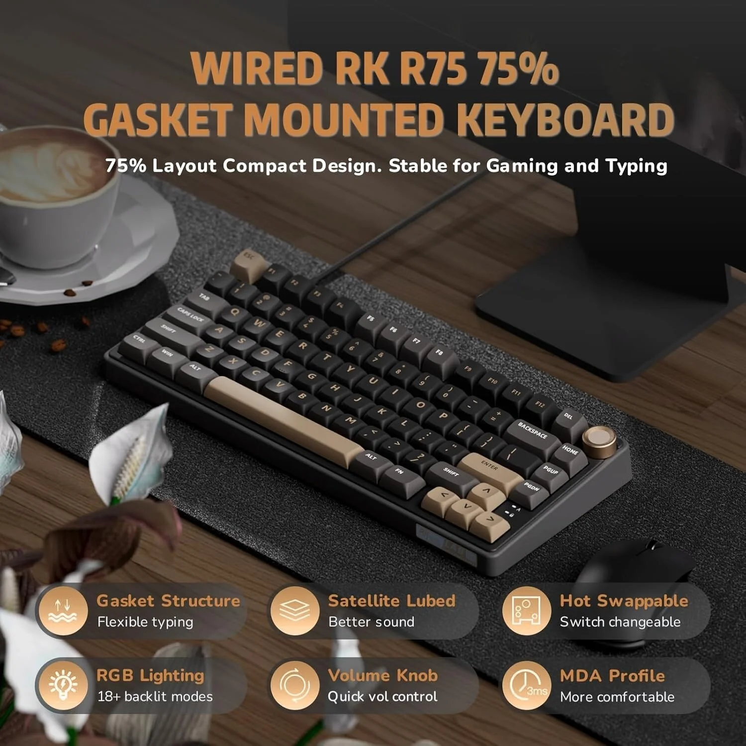Royal Kludge R75 Wired RGB Hot Swap Mechanical Keyboard (Phantom with Brown Switch) - Image 2