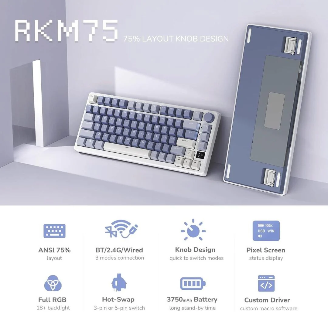 Royal Kludge RK-M75 Ocean Blue Tri Mode Mechanical Keyboard - Brown Switch - Image 2