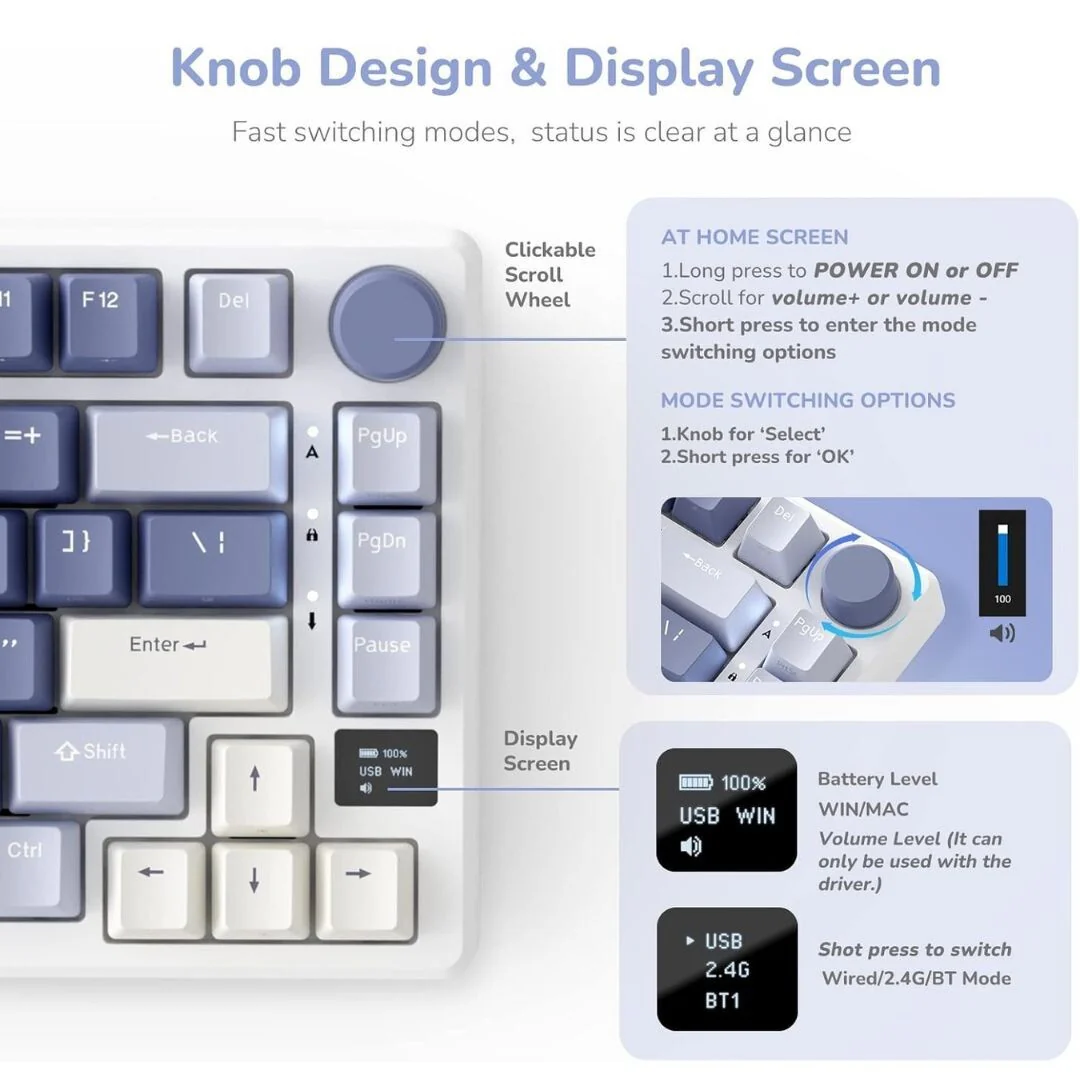 Royal Kludge RK-M75 Ocean Blue Tri Mode Mechanical Keyboard - Brown Switch - Image 4