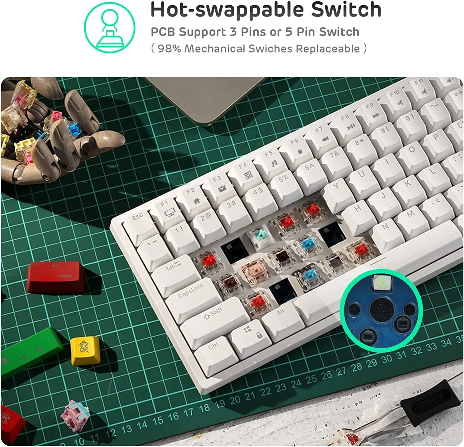 Royal Kludge RK84 RGB Tri Mode Hot-Swappable Mechanical Keyboard (White with Blue Switch) - Image 3