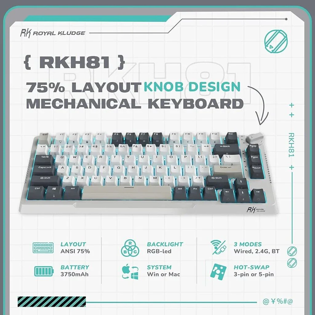 Royal Kludge RKH81 Tri Model RGB Hot Swap Mechanical Keyboard (White with Blue Switch) - Image 4
