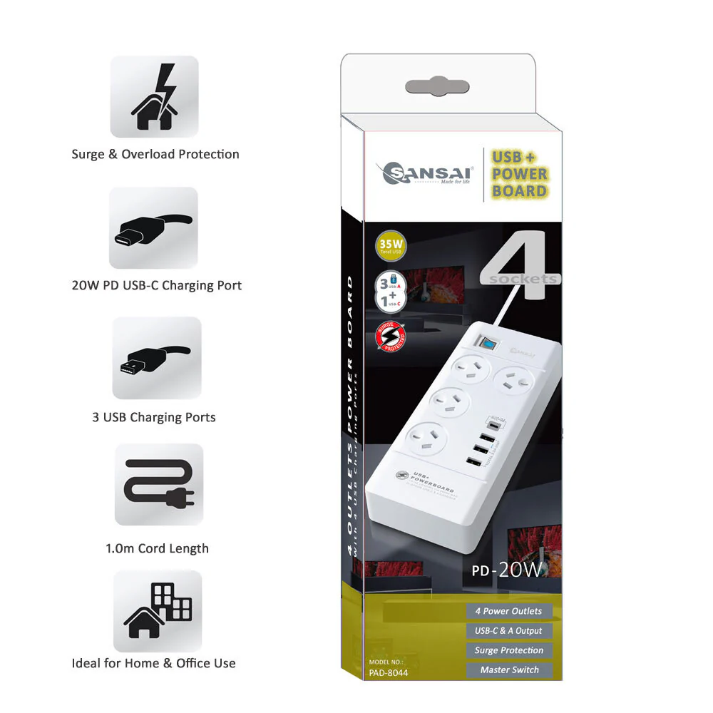Sansai 4 Sockets USB-A/USB-C Powerboard - Image 3